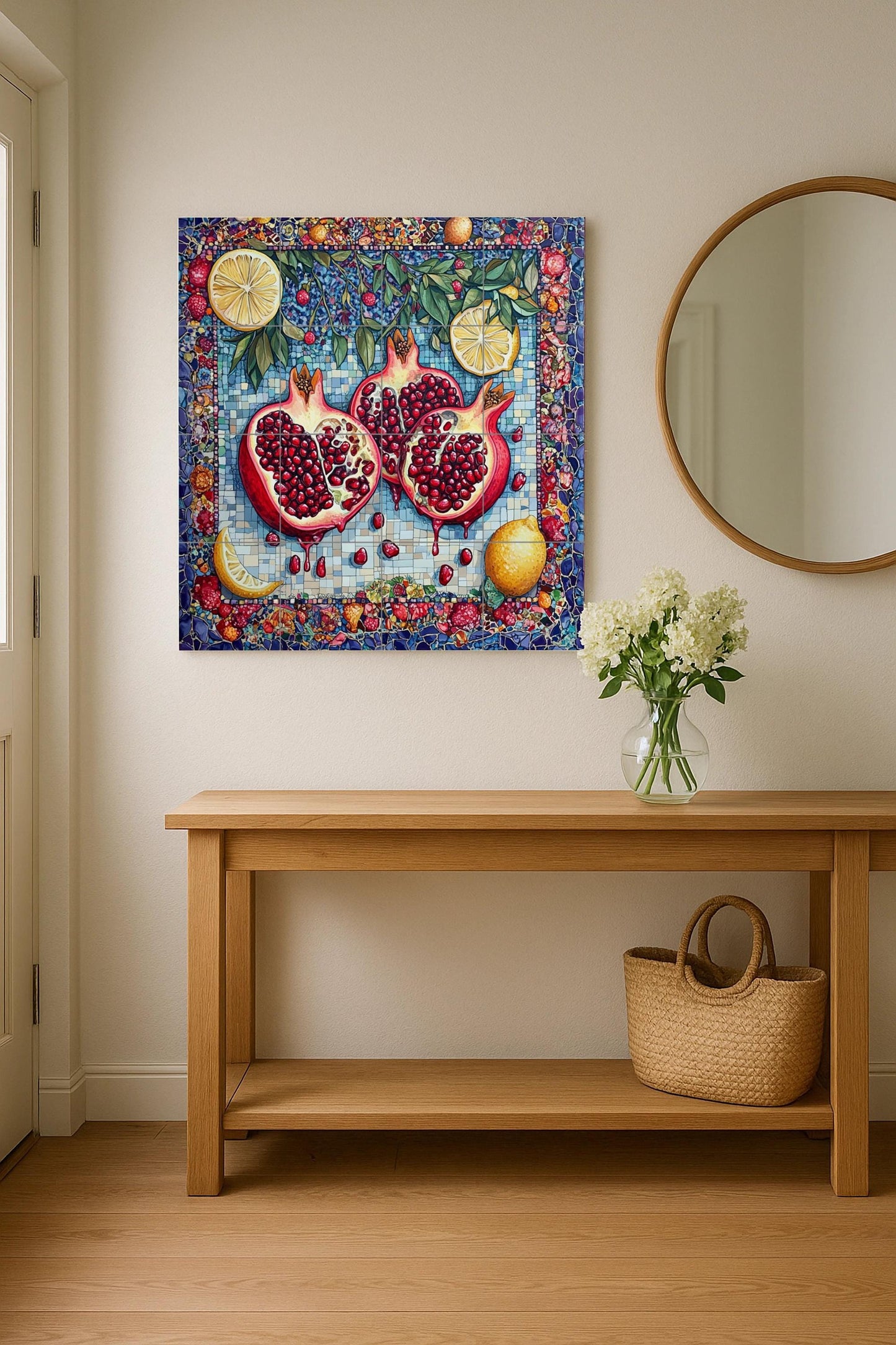 Mediterranean pomegranate ceramic tile mural / Mosaic wall art with lemons and fruit / Symbol of fertility and abundance