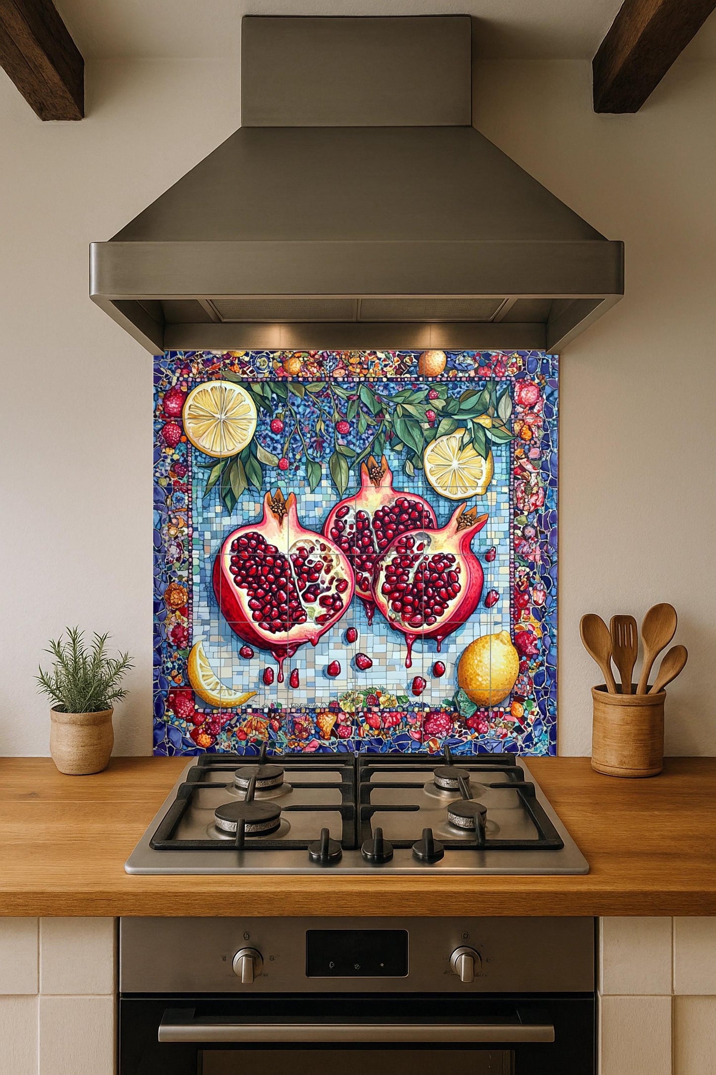 Mediterranean pomegranate ceramic tile mural / Mosaic wall art with lemons and fruit / Symbol of fertility and abundance