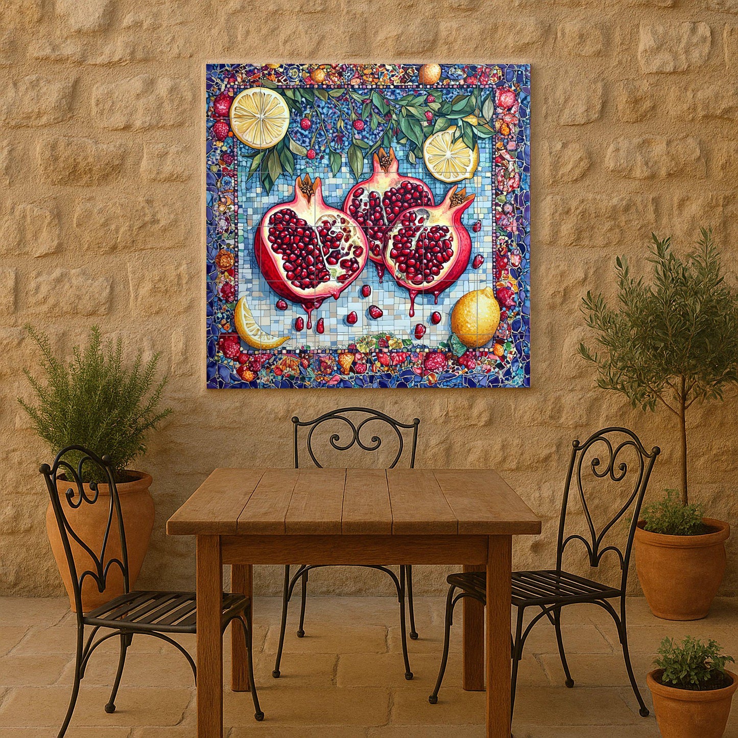 Mediterranean pomegranate ceramic tile mural / Mosaic wall art with lemons and fruit / Symbol of fertility and abundance
