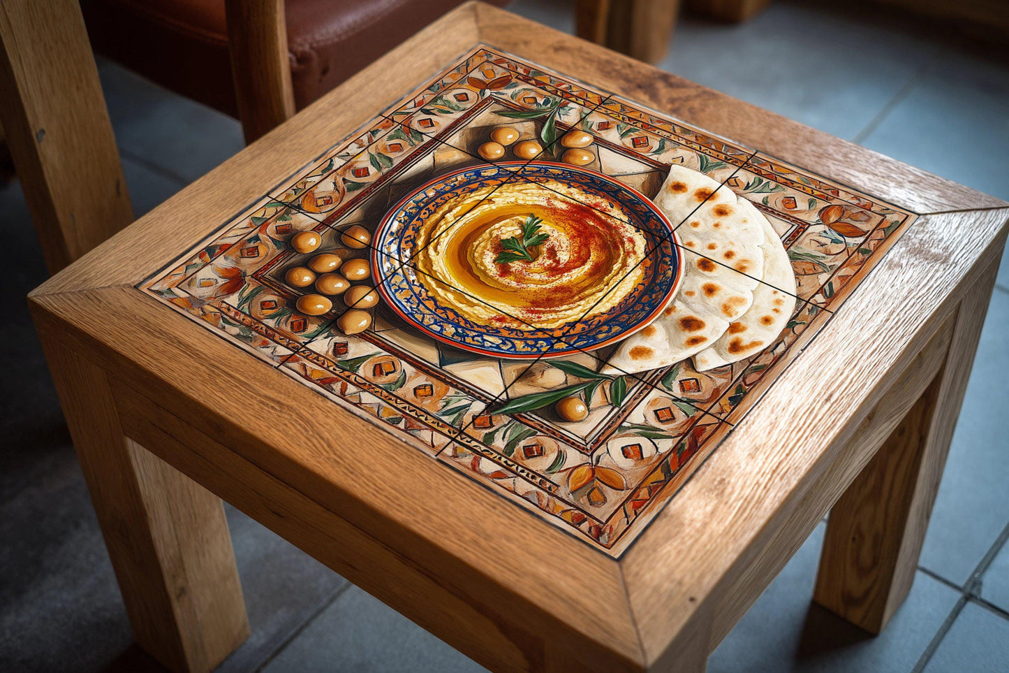 Middle Eastern ceramic tile mural / Hummus and pita bread with chickpeas and olives / Wall art for Mediterranean kitchen