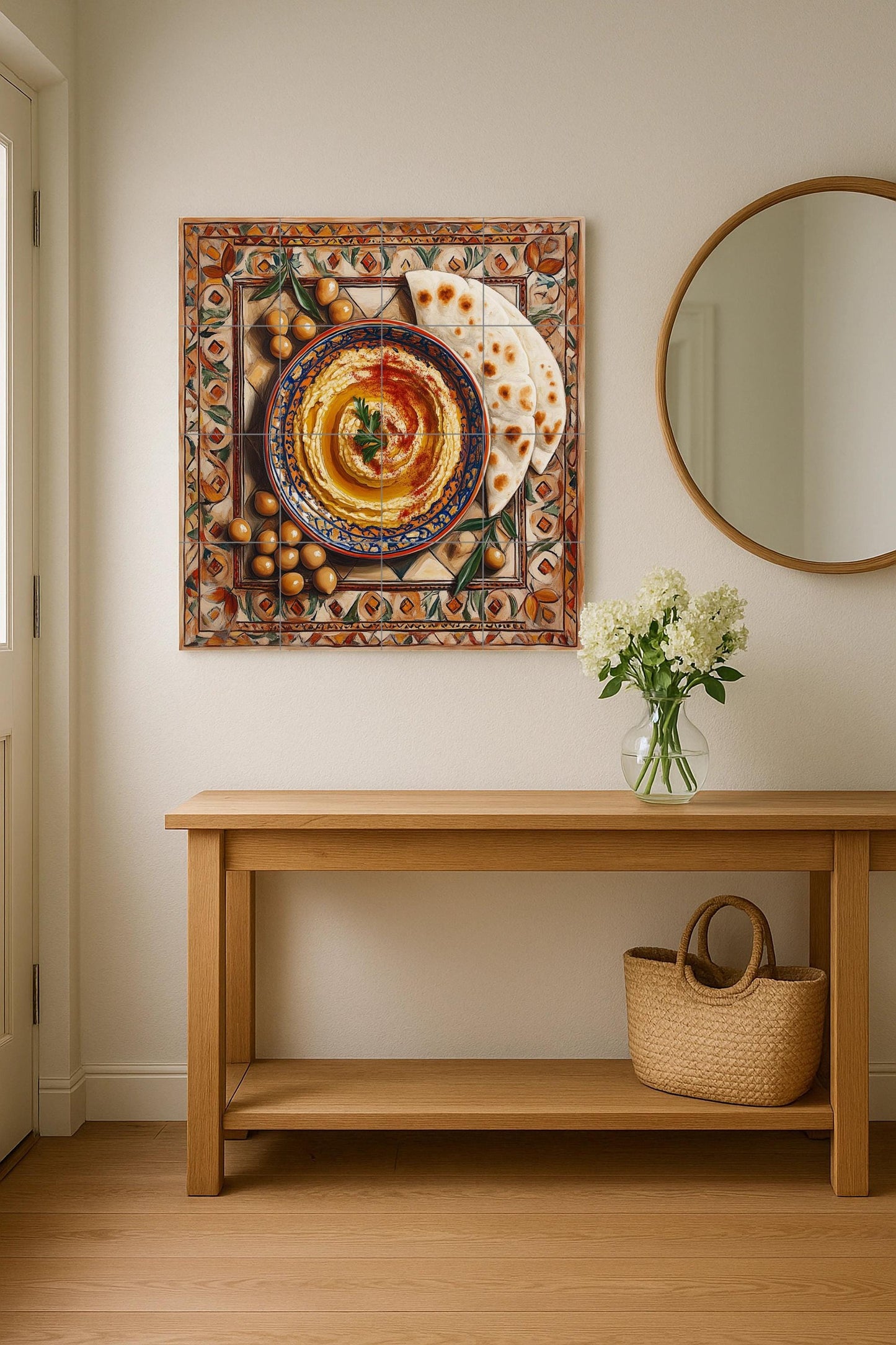 Middle Eastern ceramic tile mural / Hummus and pita bread with chickpeas and olives / Wall art for Mediterranean kitchen