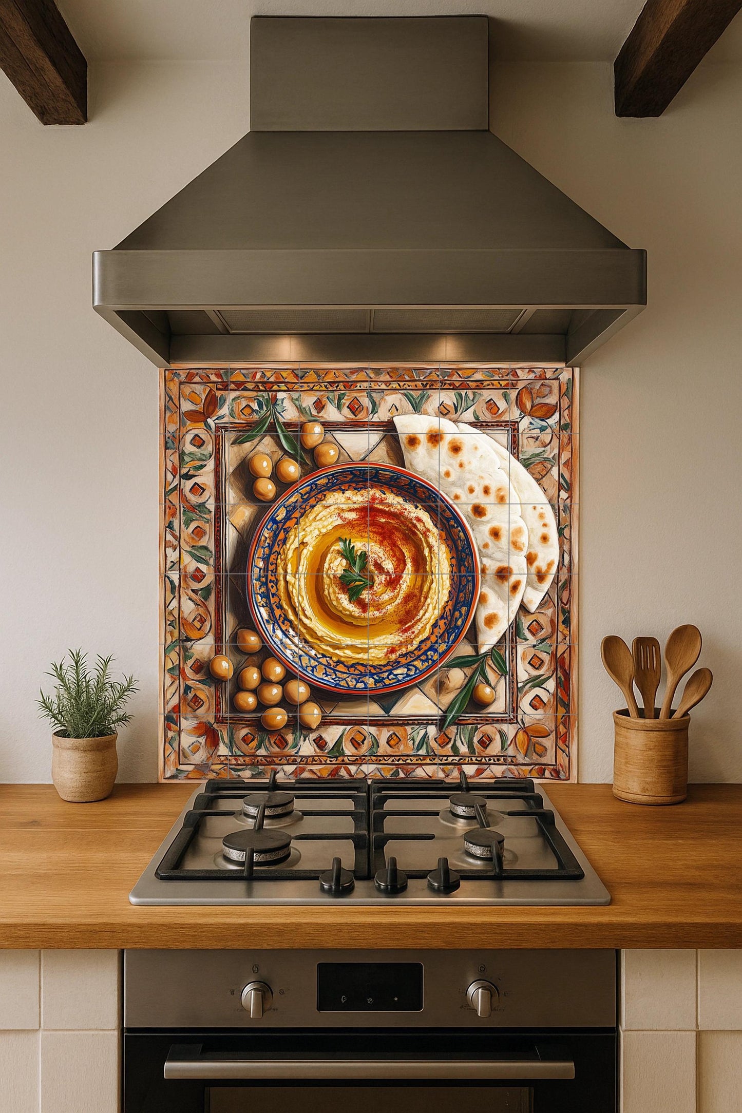 Middle Eastern ceramic tile mural / Hummus and pita bread with chickpeas and olives / Wall art for Mediterranean kitchen