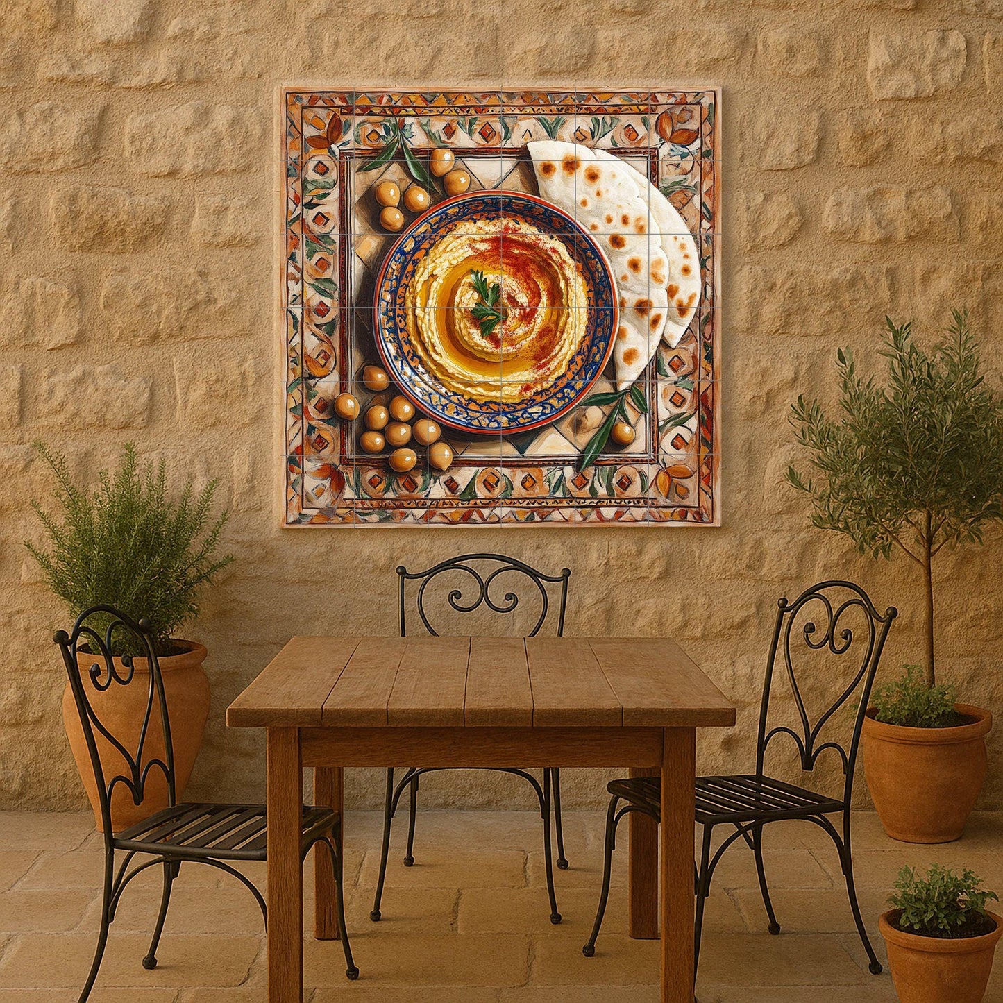 Middle Eastern ceramic tile mural / Hummus and pita bread with chickpeas and olives / Wall art for Mediterranean kitchen
