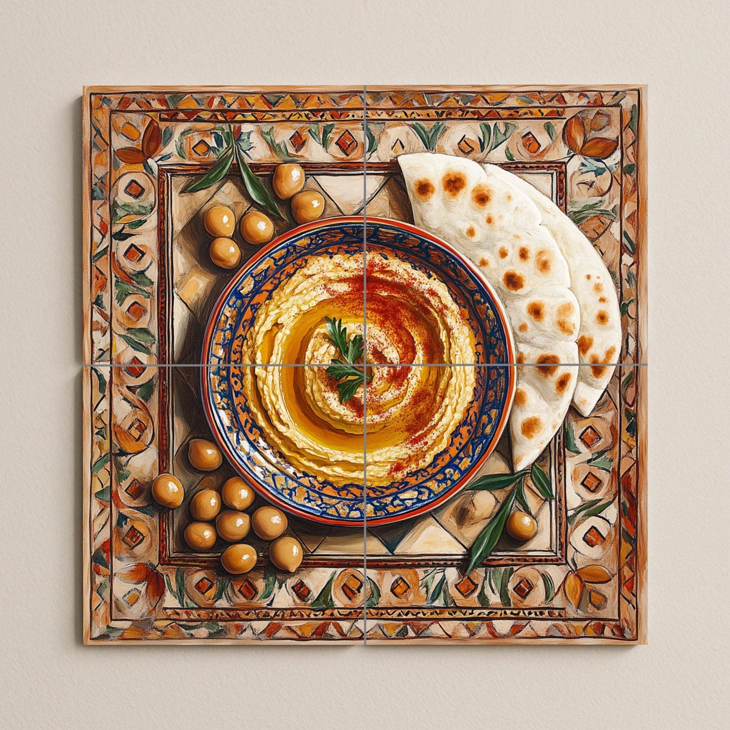 Middle Eastern ceramic tile mural / Hummus and pita bread with chickpeas and olives / Wall art for Mediterranean kitchen