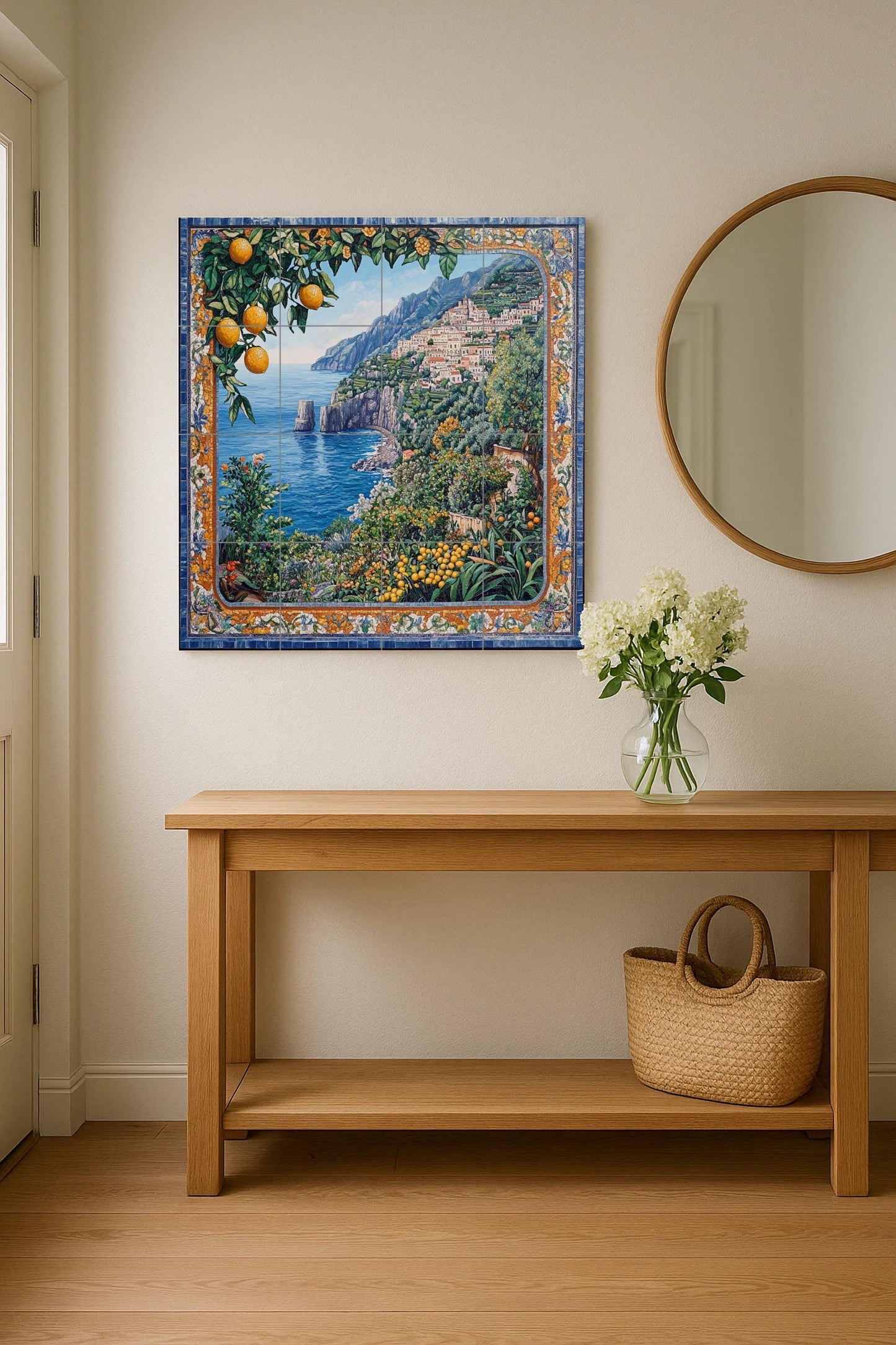 Ceramic tile mural of the Mediterranean coast / Amalfi Coast with lemons and sea views / Italian-inspired decorative wall art