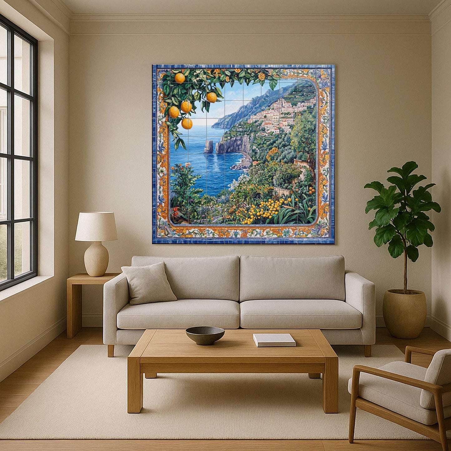 Ceramic tile mural of the Mediterranean coast / Amalfi Coast with lemons and sea views / Italian-inspired decorative wall art
