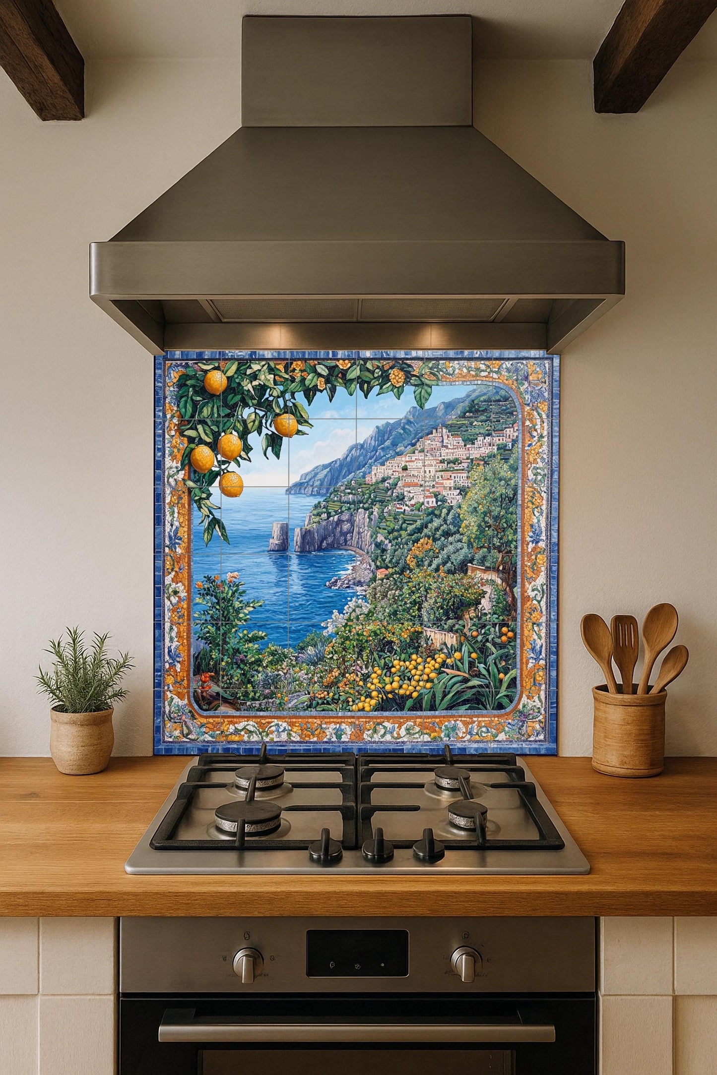 Ceramic tile mural of the Mediterranean coast / Amalfi Coast with lemons and sea views / Italian-inspired decorative wall art