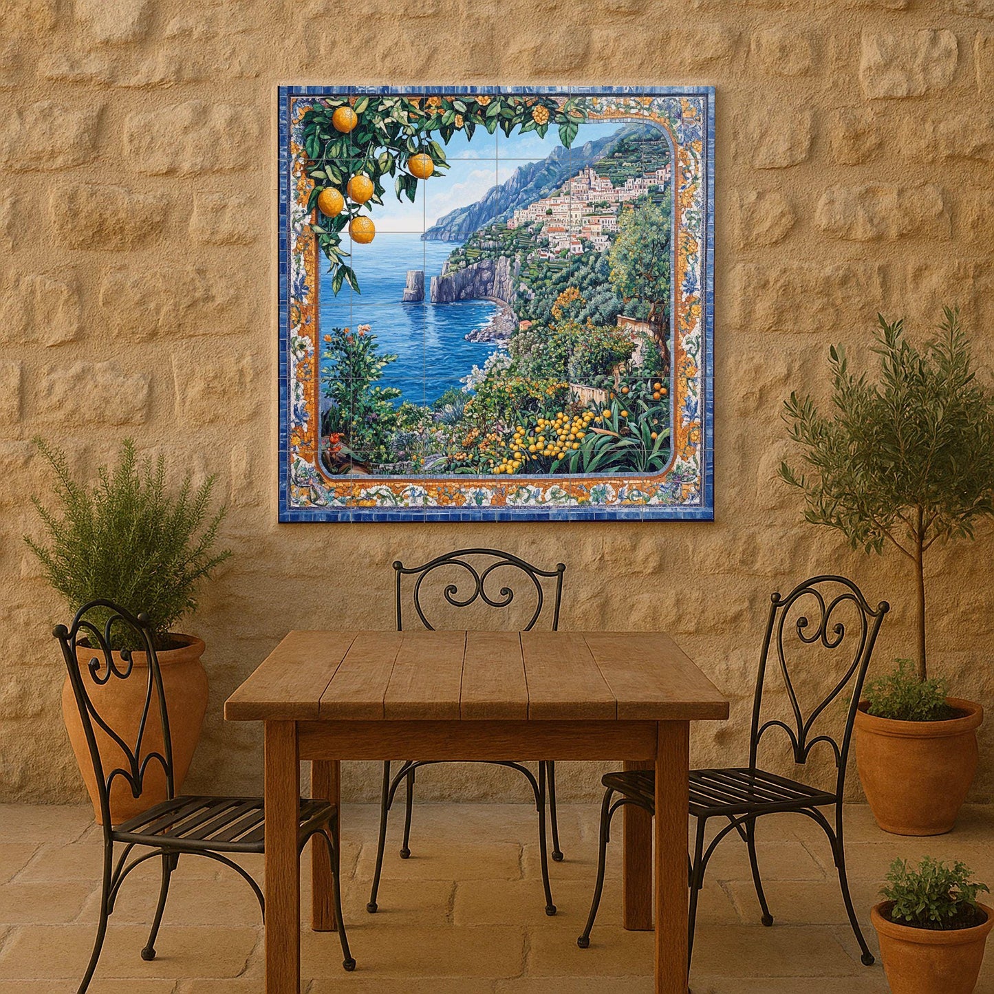 Ceramic tile mural of the Mediterranean coast / Amalfi Coast with lemons and sea views / Italian-inspired decorative wall art