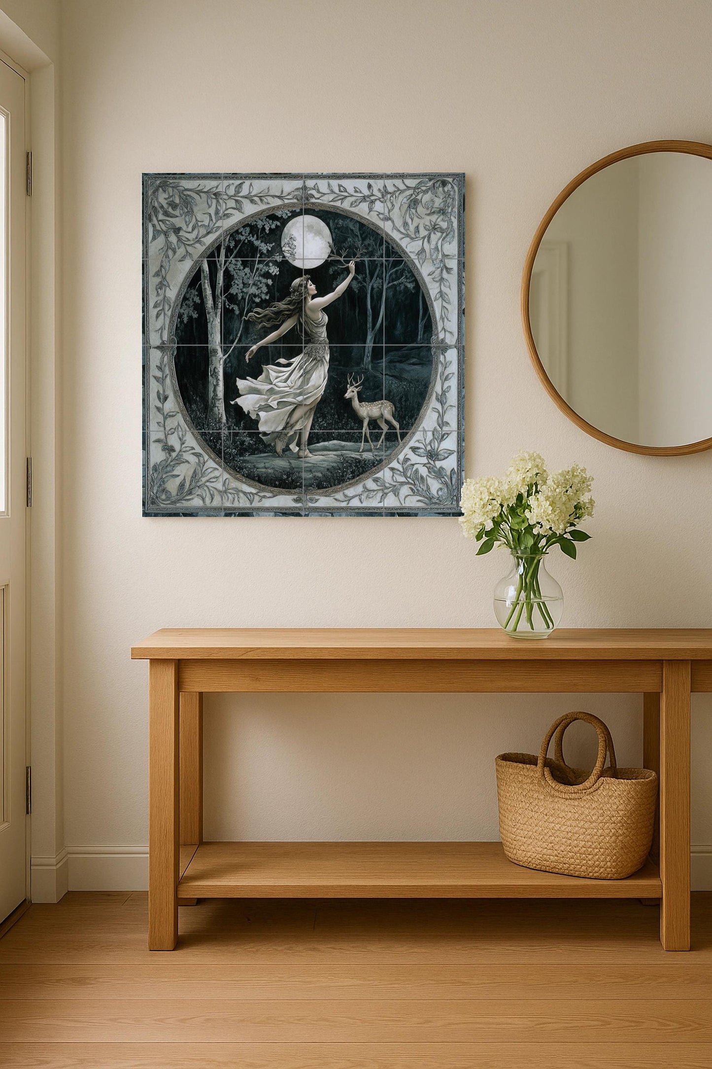 Ceramic tile mural of the Mystic Goddess of the Moon / Enchanted Forest with Deer / Mythical wall art decorative panel