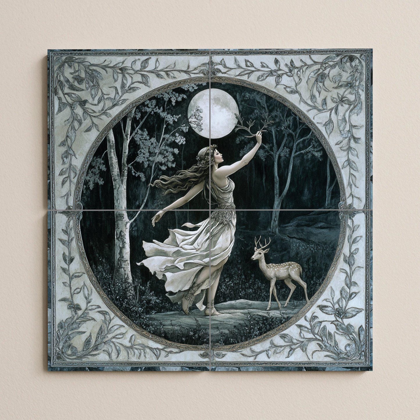 Ceramic tile mural of the Mystic Goddess of the Moon / Enchanted Forest with Deer / Mythical wall art decorative panel