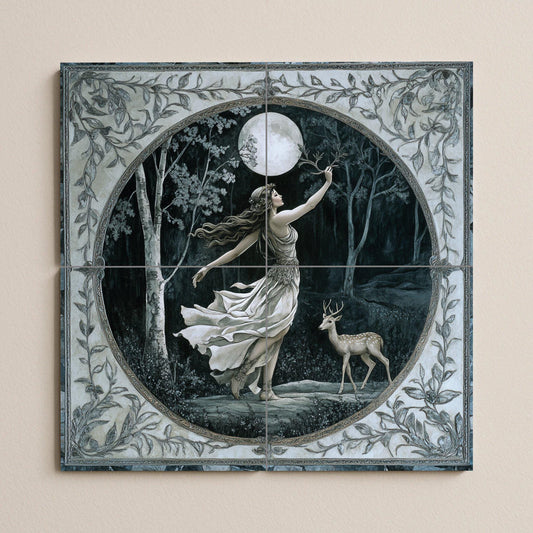 Ceramic tile mural of the Mystic Goddess of the Moon / Enchanted Forest with Deer / Mythical wall art decorative panel