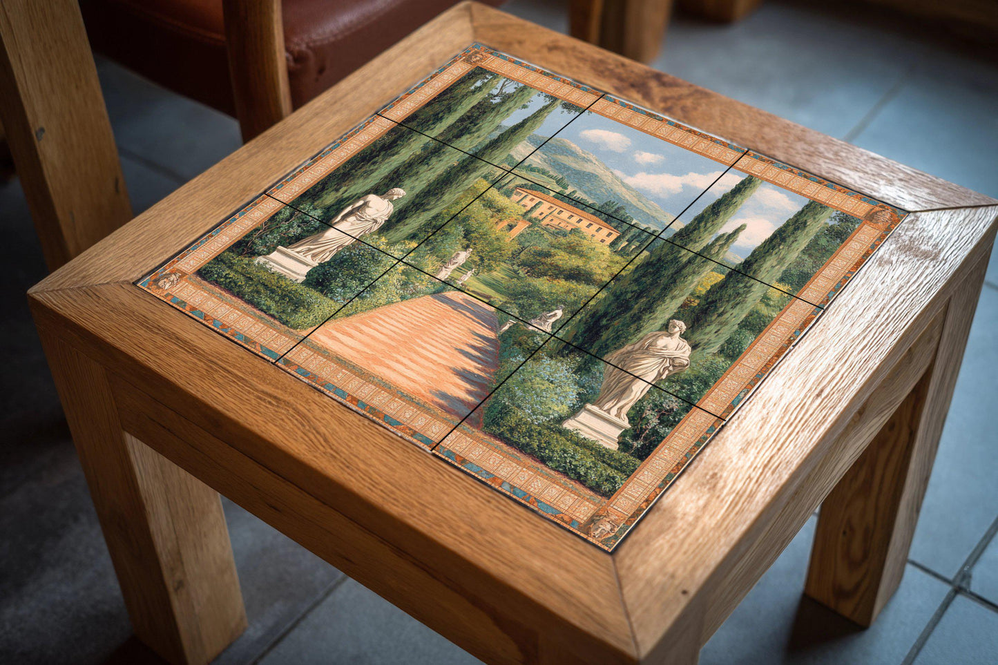 Ceramic tile mural with Italian villa garden / Cypress avenue with classical statues / Decorative wall panel with Tuscan landscape