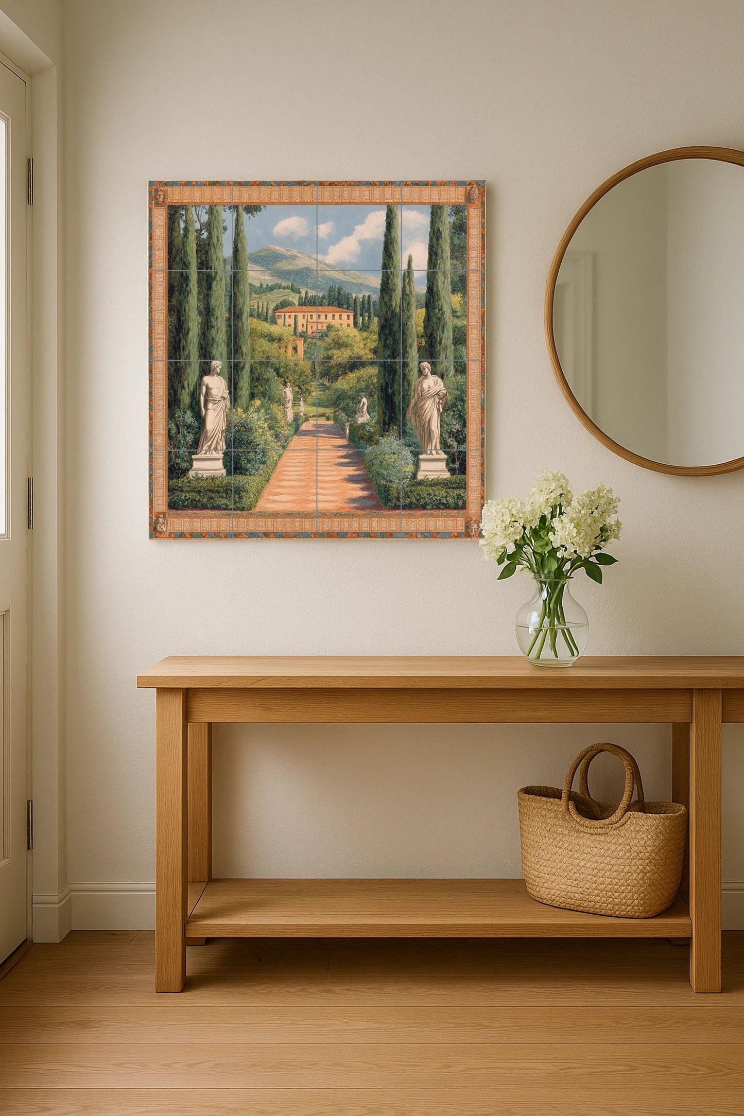 Ceramic tile mural with Italian villa garden / Cypress avenue with classical statues / Decorative wall panel with Tuscan landscape