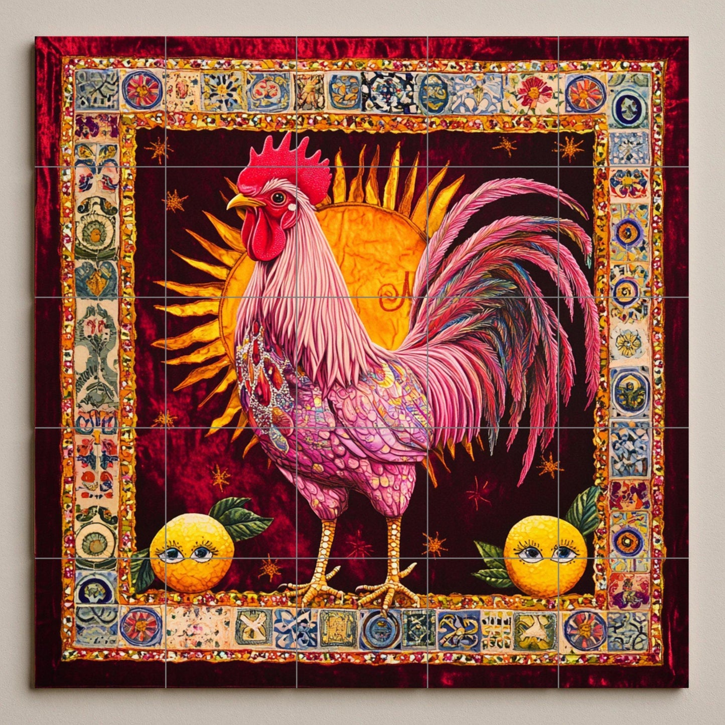 Ceramic tile mural with a vibrant rooster / Ornamental sun background with citrus motifs / Colorful decorative panel for kitchen or patio