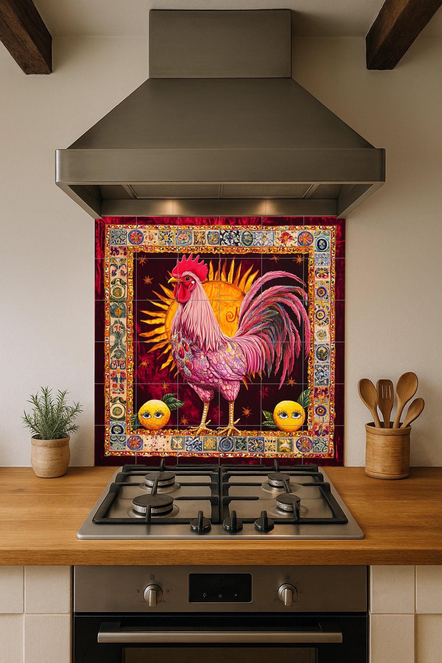 Ceramic tile mural with a vibrant rooster / Ornamental sun background with citrus motifs / Colorful decorative panel for kitchen or patio