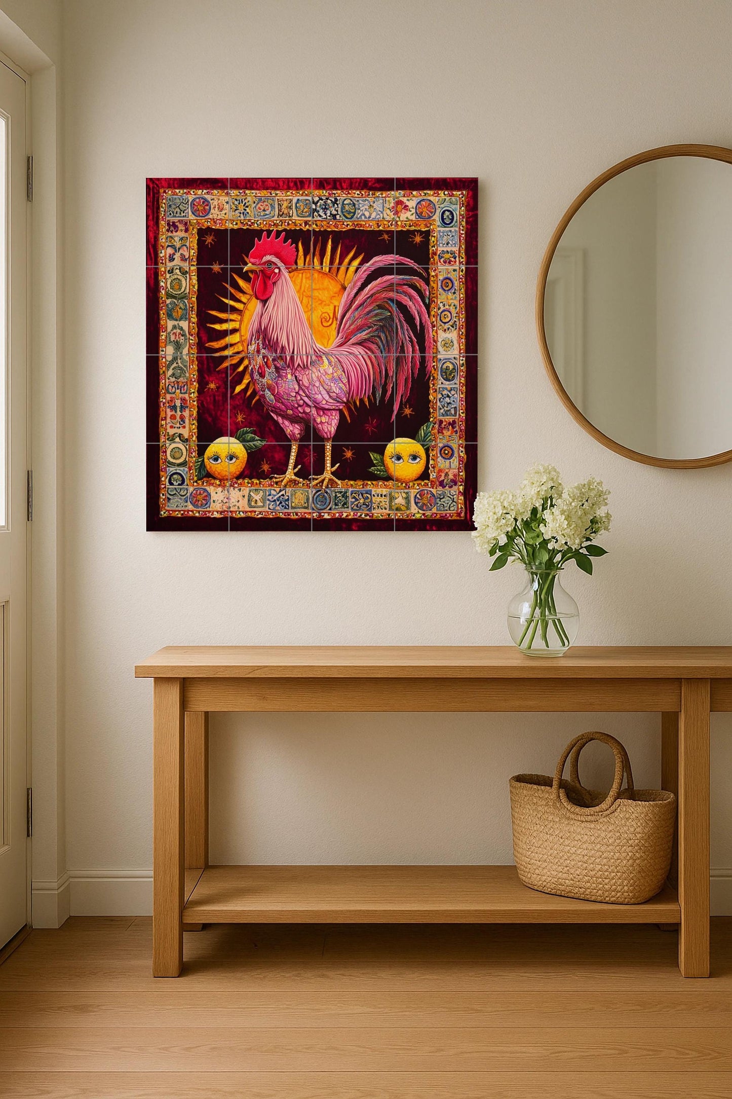 Ceramic tile mural with a vibrant rooster / Ornamental sun background with citrus motifs / Colorful decorative panel for kitchen or patio
