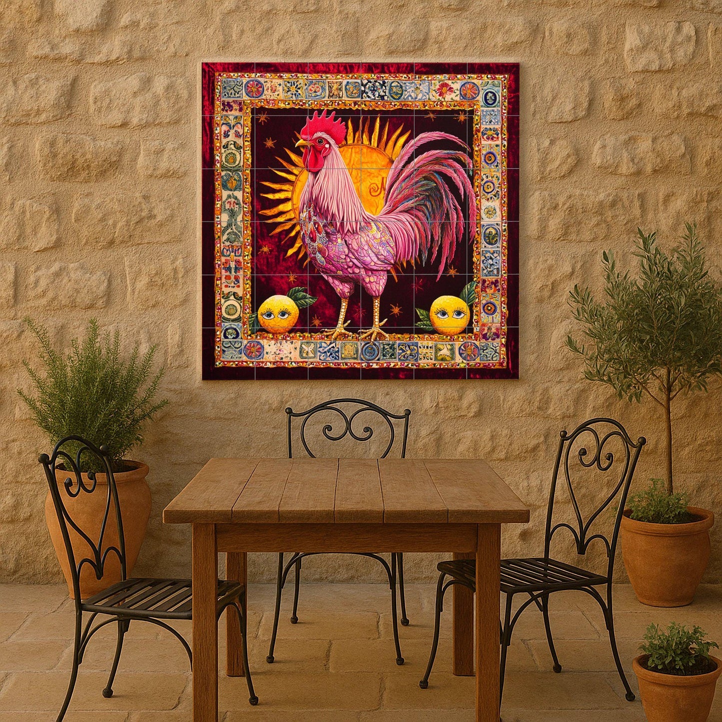 Ceramic tile mural with a vibrant rooster / Ornamental sun background with citrus motifs / Colorful decorative panel for kitchen or patio