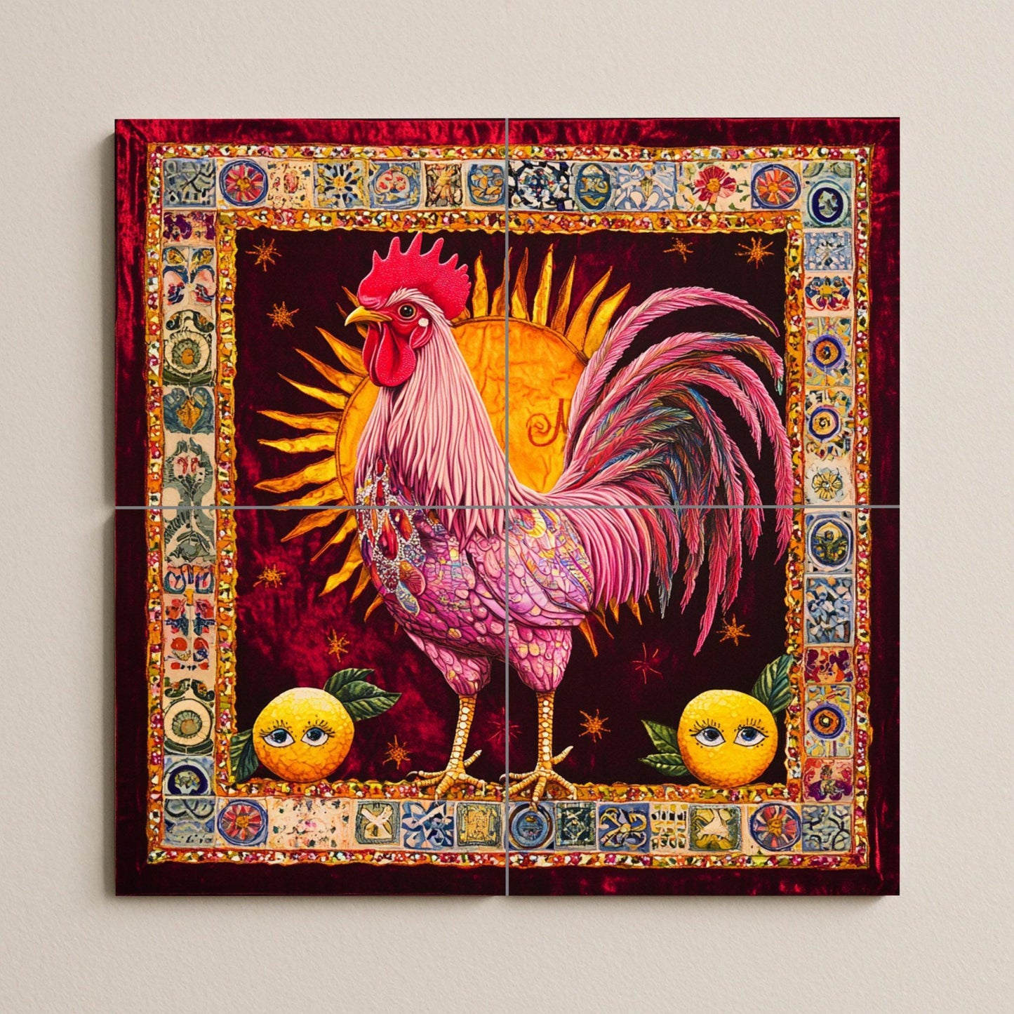 Ceramic tile mural with a vibrant rooster / Ornamental sun background with citrus motifs / Colorful decorative panel for kitchen or patio