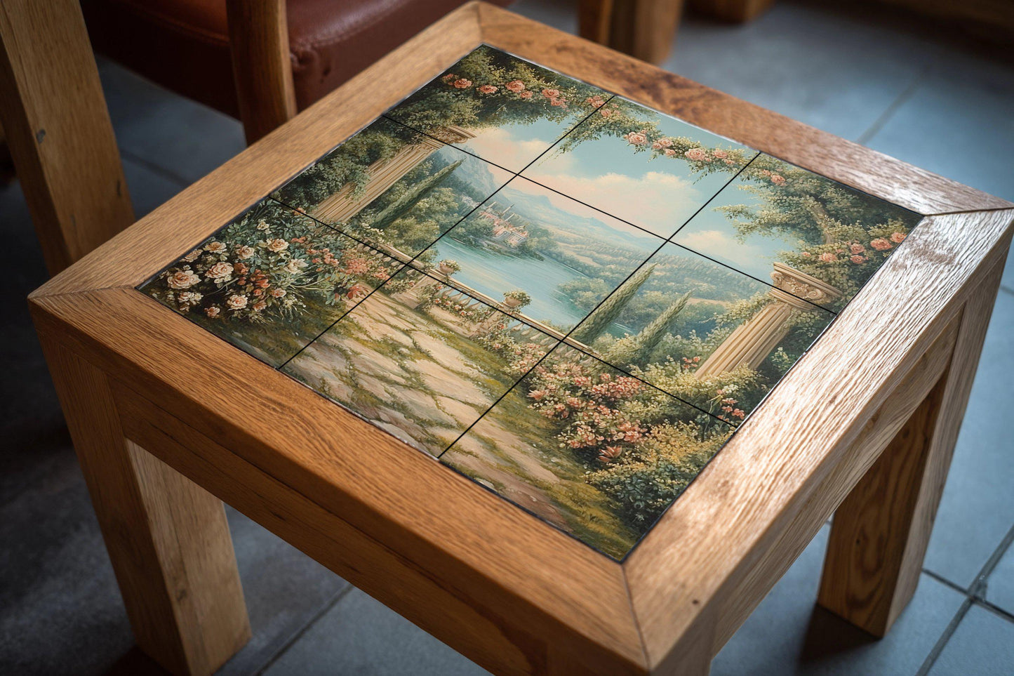 Ceramic tile mural with romantic garden / Classic columns with roses and lake view / Elegant Mediterranean decorative panel