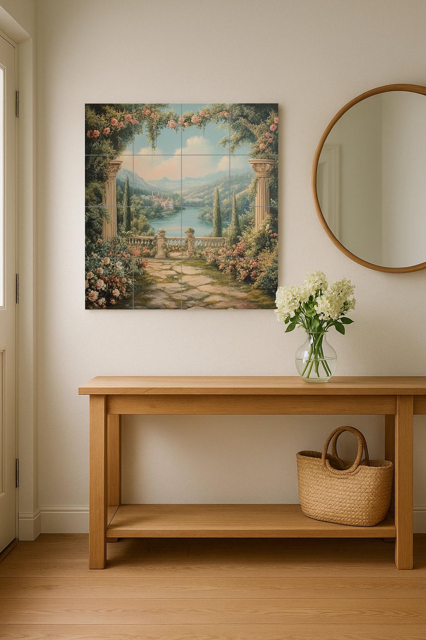 Ceramic tile mural with romantic garden / Classic columns with roses and lake view / Elegant Mediterranean decorative panel