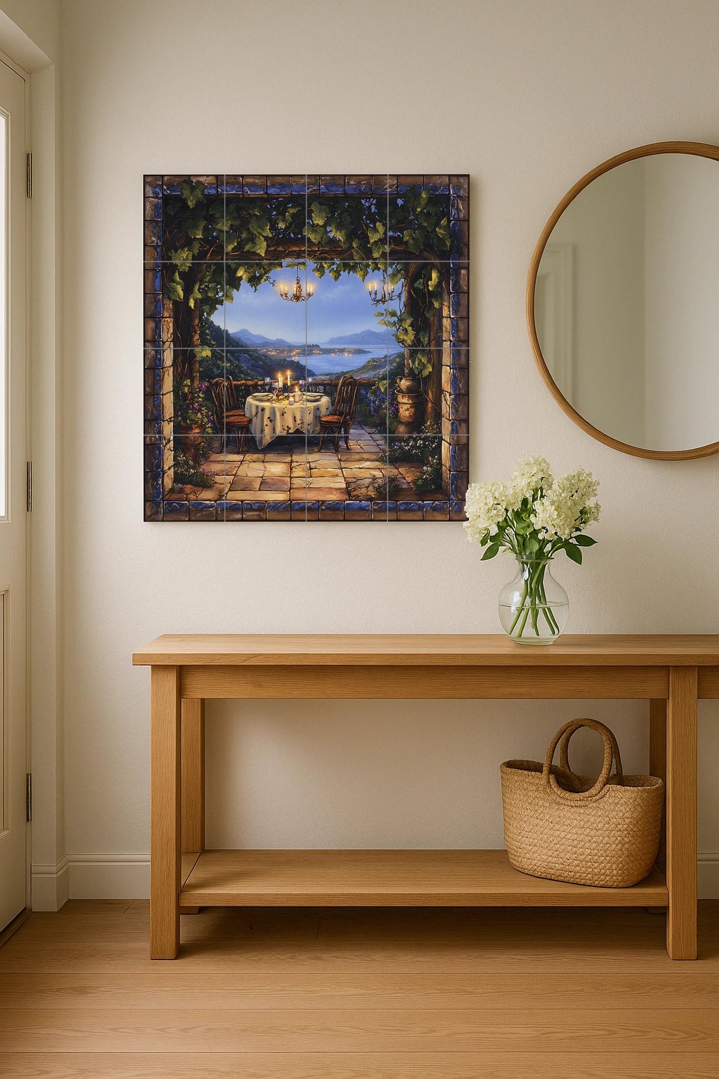 Ceramic tile mural with romantic terrace / Candlelit dinner under the vines overlooking the coast / Mediterranean decorative panel for patio