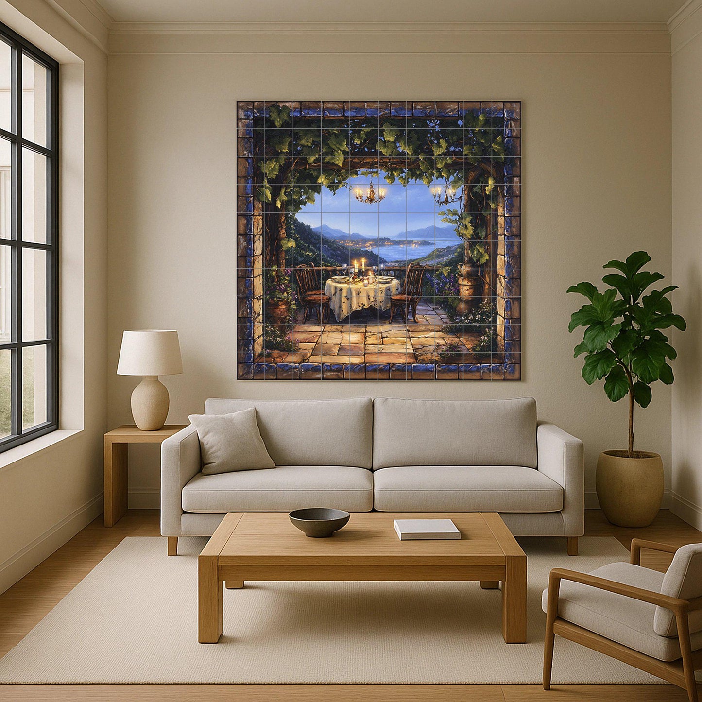 Ceramic tile mural with romantic terrace / Candlelit dinner under the vines overlooking the coast / Mediterranean decorative panel for patio