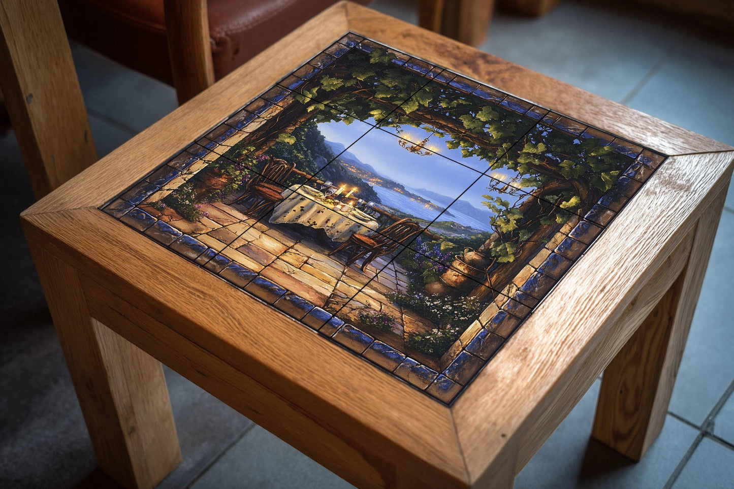 Ceramic tile mural with romantic terrace / Candlelit dinner under the vines overlooking the coast / Mediterranean decorative panel for patio
