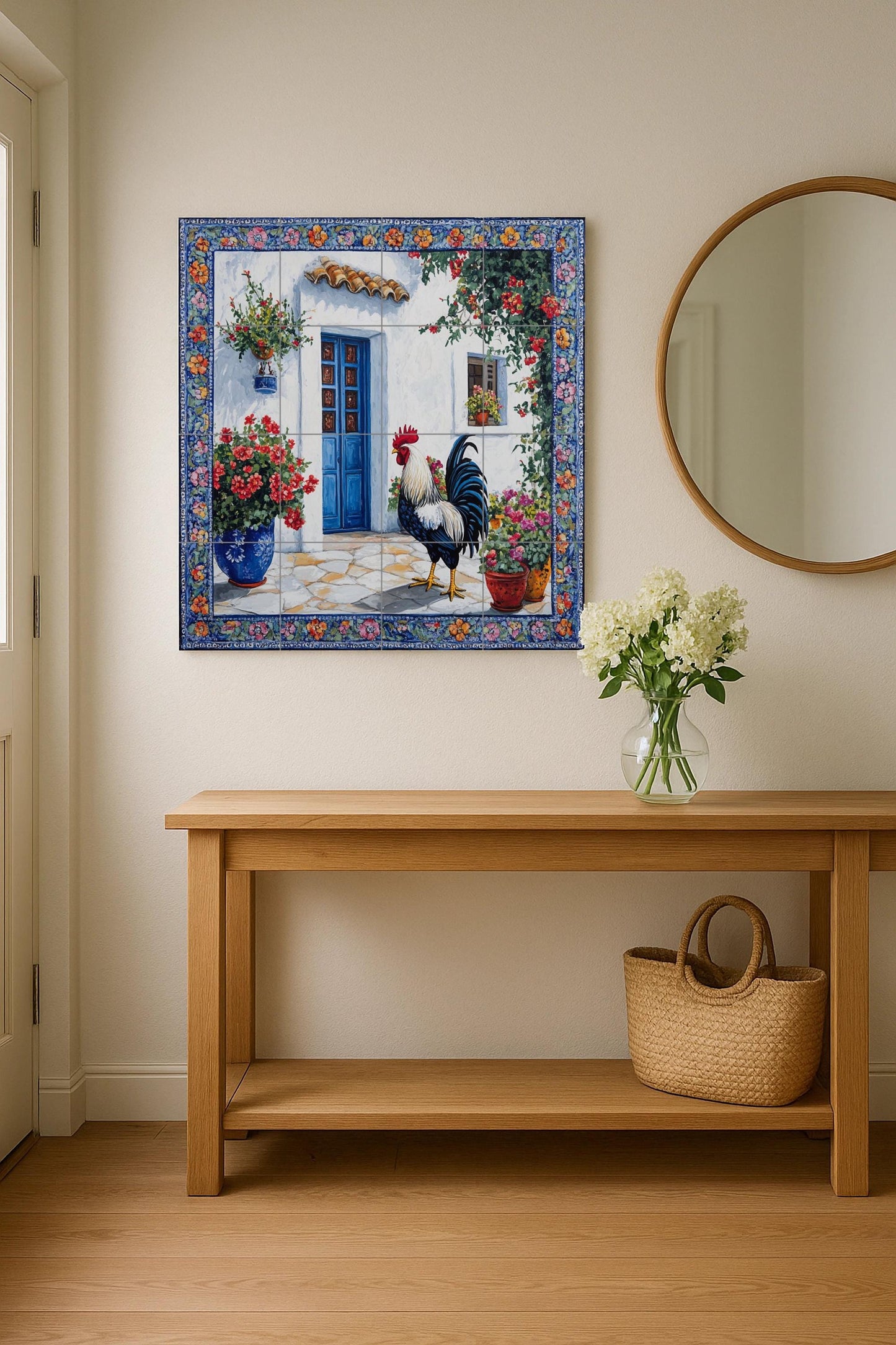 Ceramic tile mural with Mediterranean rooster design, rustic patio with blue door and flowers, country decorative panel for patio.