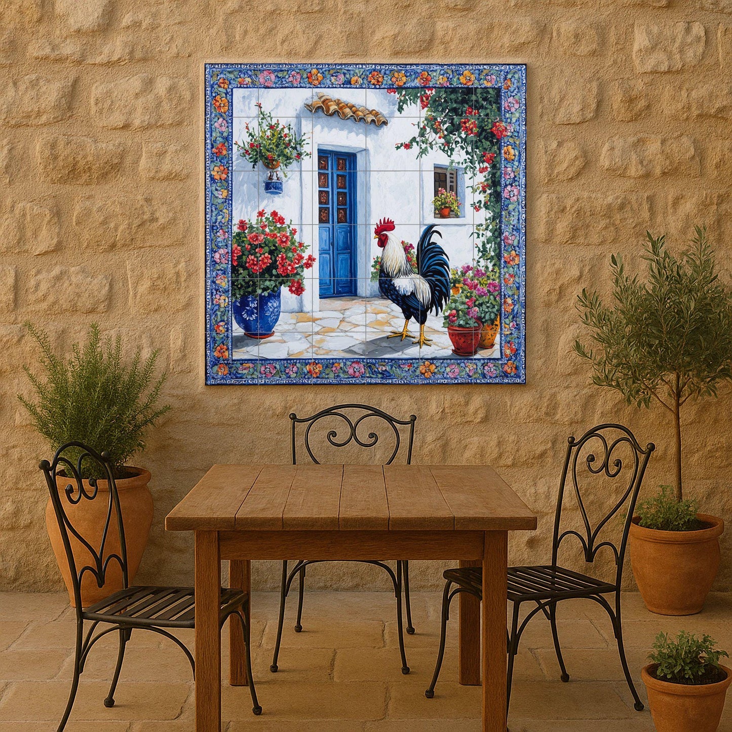 Ceramic tile mural with Mediterranean rooster design, rustic patio with blue door and flowers, country decorative panel for patio.