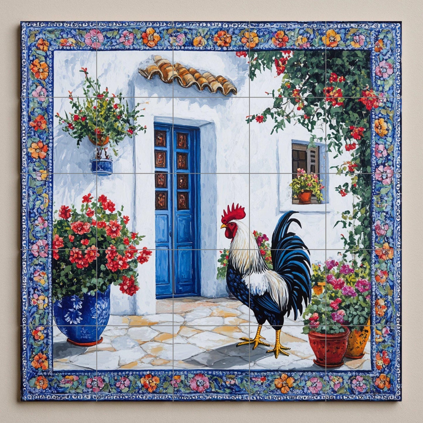 Ceramic tile mural with Mediterranean rooster design, rustic patio with blue door and flowers, country decorative panel for patio.