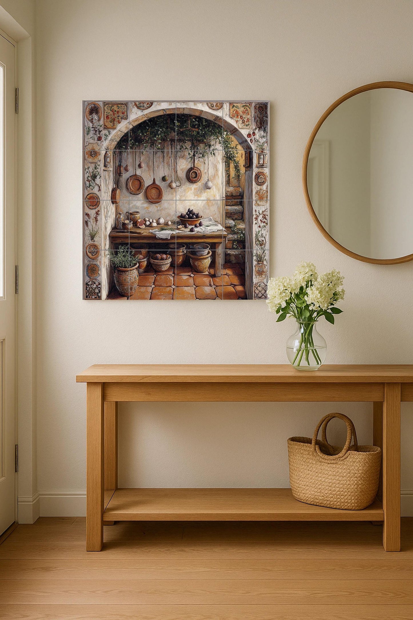 Rustic ceramic tile mural for kitchen / Mediterranean arch with flower pots, garlic and wooden table / Country decorative panel for farmhouse