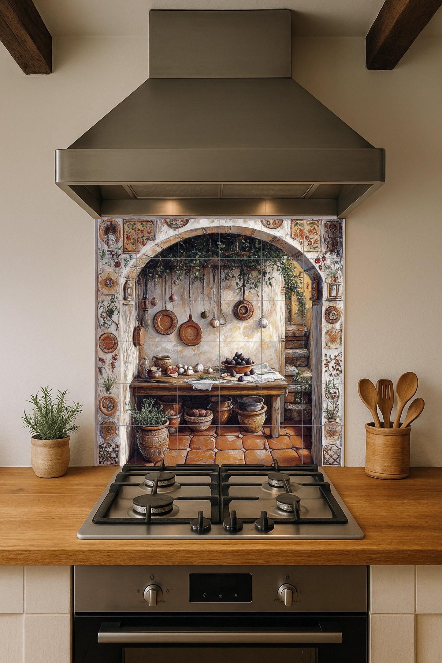 Rustic ceramic tile mural for kitchen / Mediterranean arch with flower pots, garlic and wooden table / Country decorative panel for farmhouse