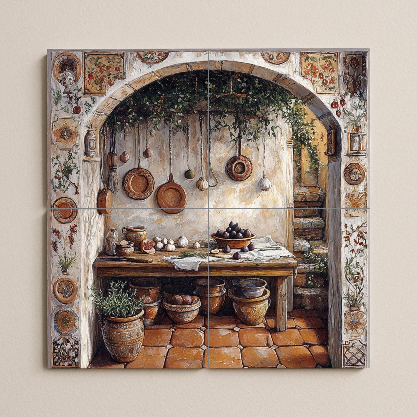 Rustic ceramic tile mural for kitchen / Mediterranean arch with flower pots, garlic and wooden table / Country decorative panel for farmhouse