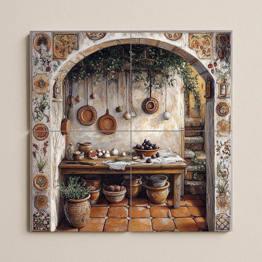 Rustic ceramic tile mural for kitchen / Mediterranean arch with flower pots, garlic and wooden table / Country decorative panel for farmhouse