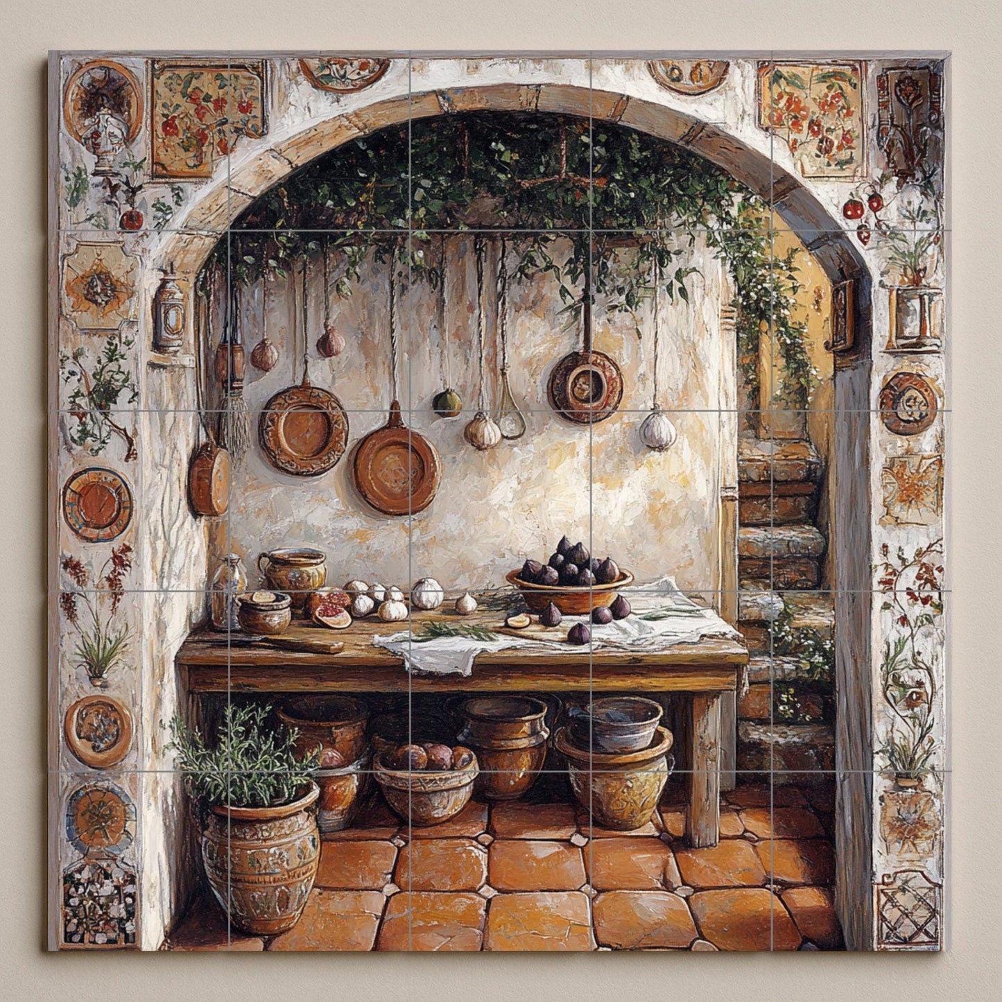 Rustic ceramic tile mural for kitchen / Mediterranean arch with flower pots, garlic and wooden table / Country decorative panel for farmhouse