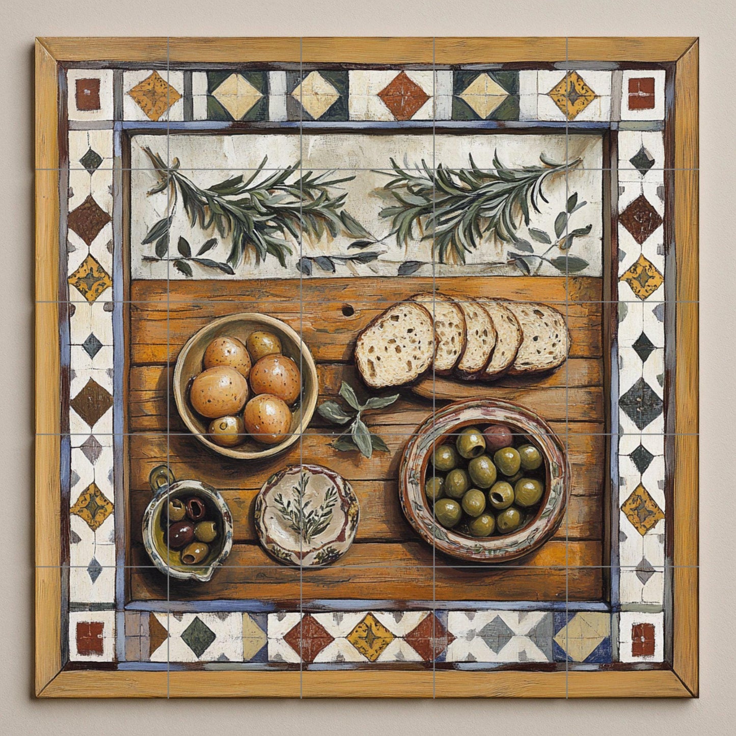 Mediterranean rustic ceramic tile mural / Decorative panel of bread, olives and rosemary / Charming handcrafted country kitchen decor