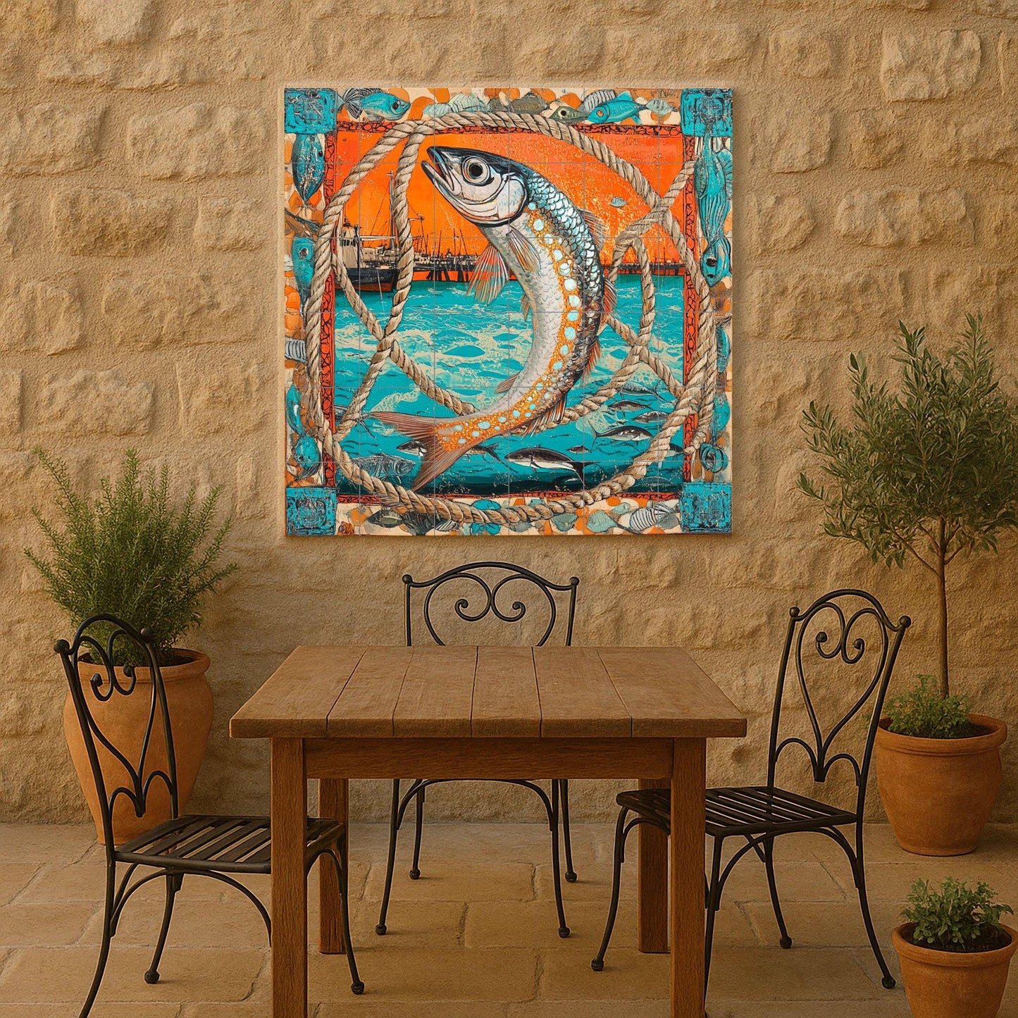 Ceramic tile mural with nautical fish design, port scene with fishing boats and marine rope frame, coastal decorative panel for kitchen.