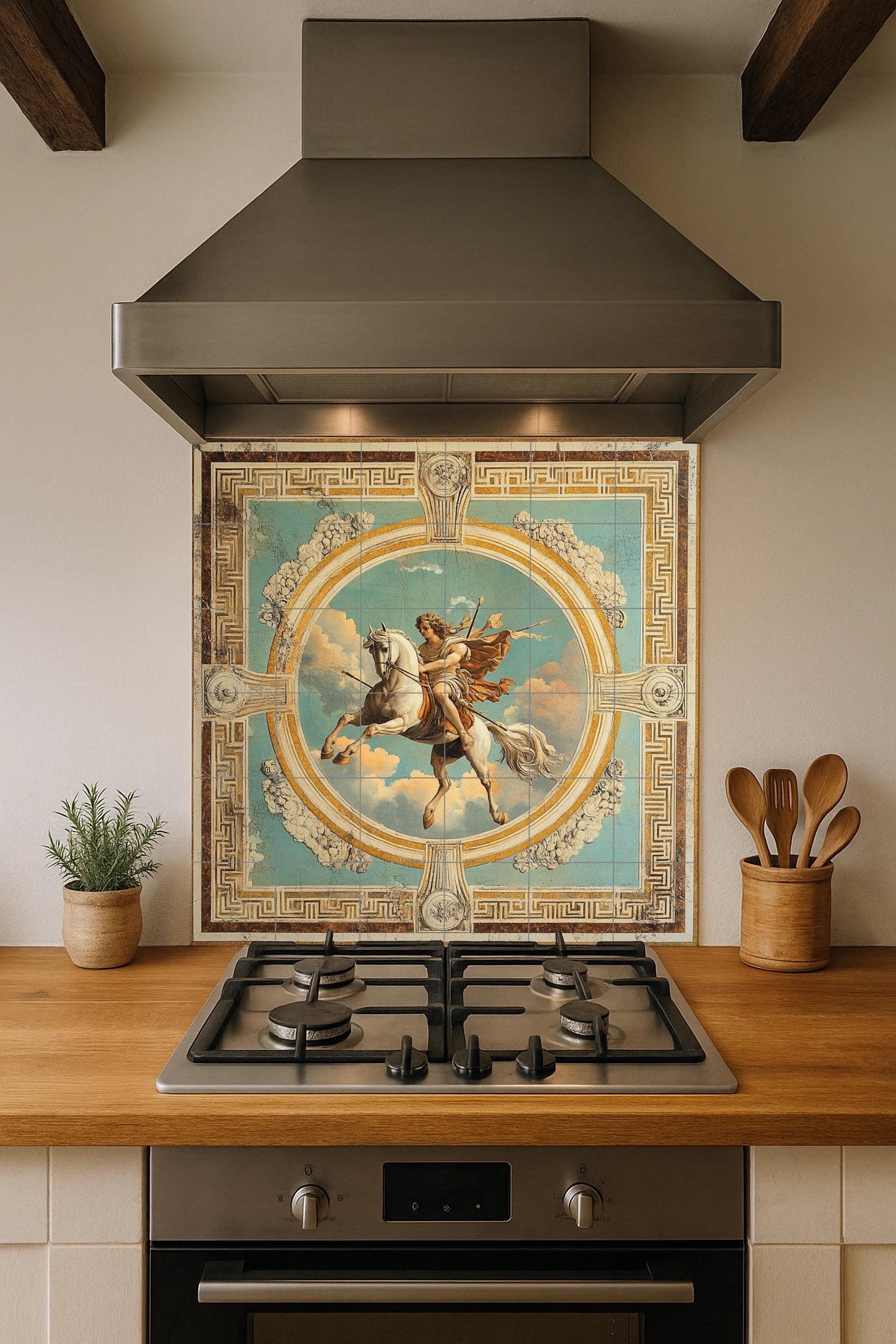 Ceramic tile mural of classical mythology / Hero on horseback in the sky with clouds and ornamental frame / Renaissance decorative panel