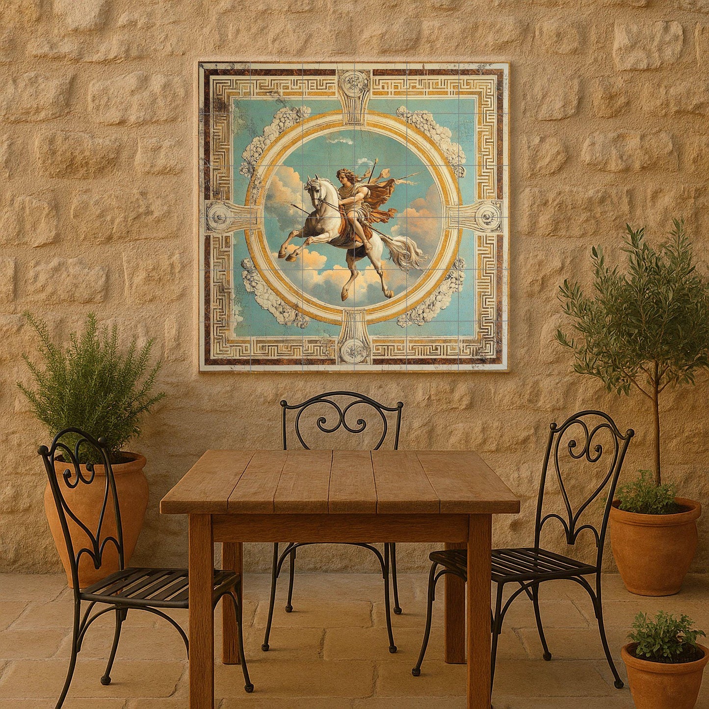 Ceramic tile mural of classical mythology / Hero on horseback in the sky with clouds and ornamental frame / Renaissance decorative panel