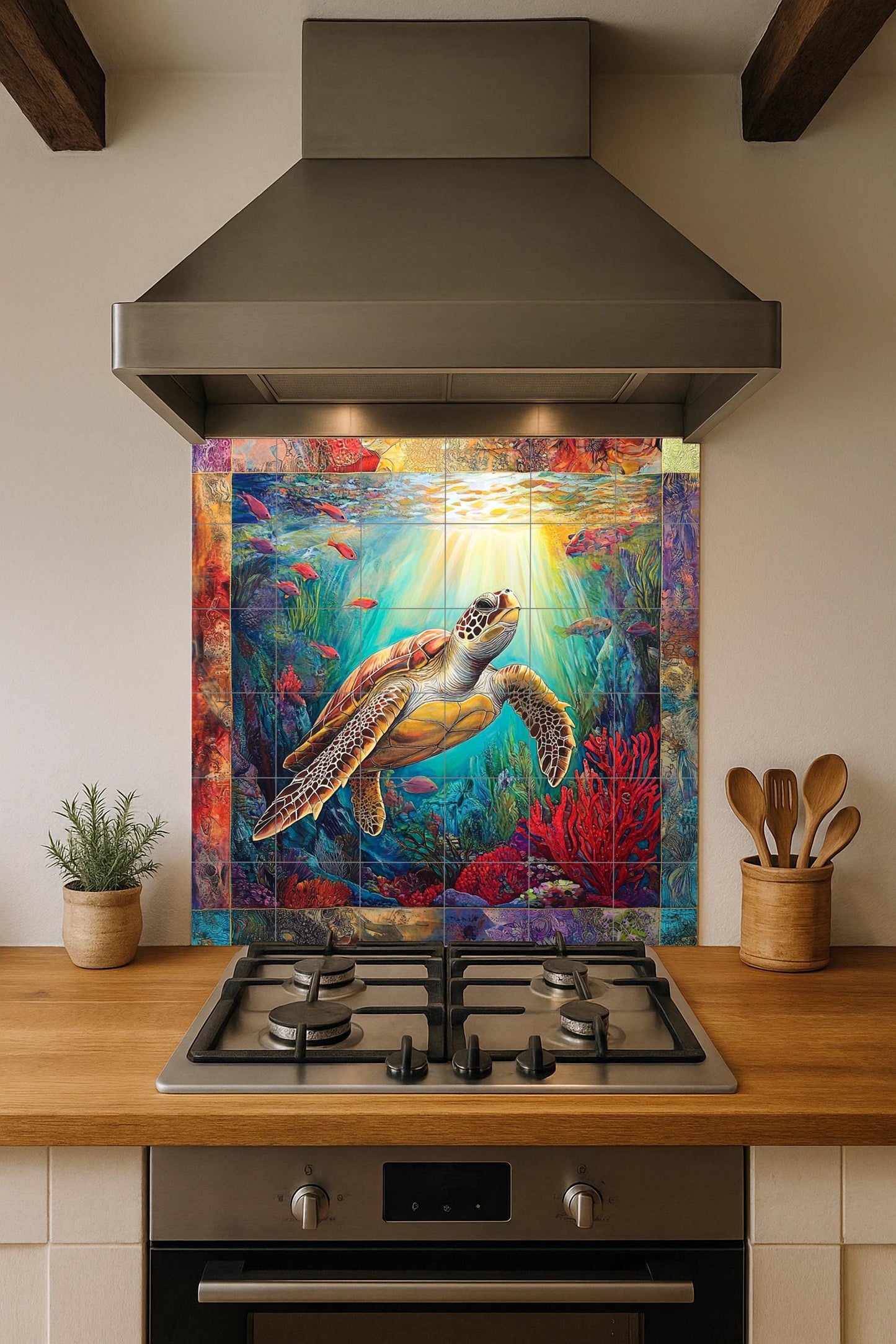 Ceramic tile mural with sea turtle design / Ocean coral reef decorative panel with colorful fish / Nautical decor