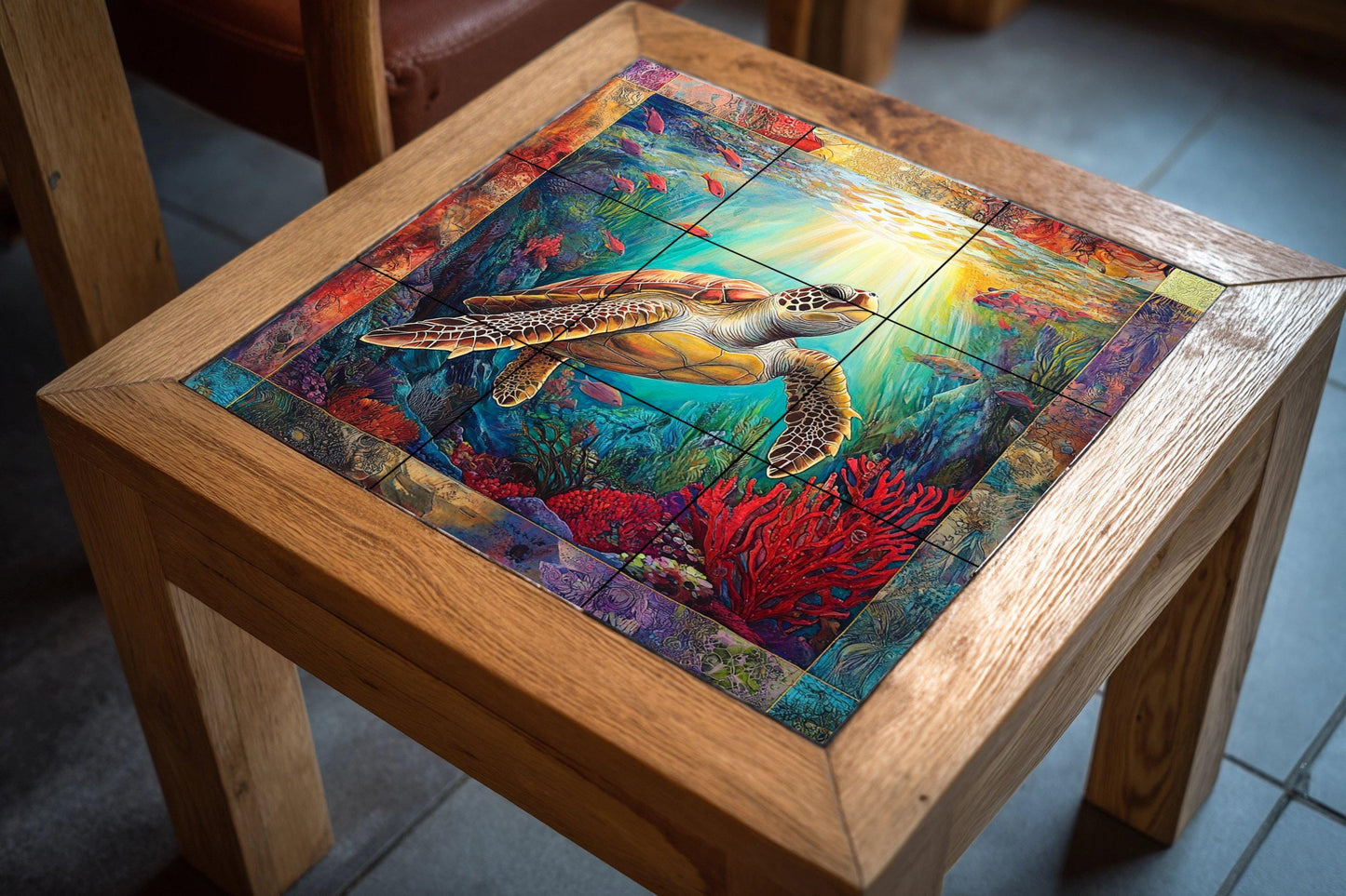 Ceramic tile mural with sea turtle design / Ocean coral reef decorative panel with colorful fish / Nautical decor