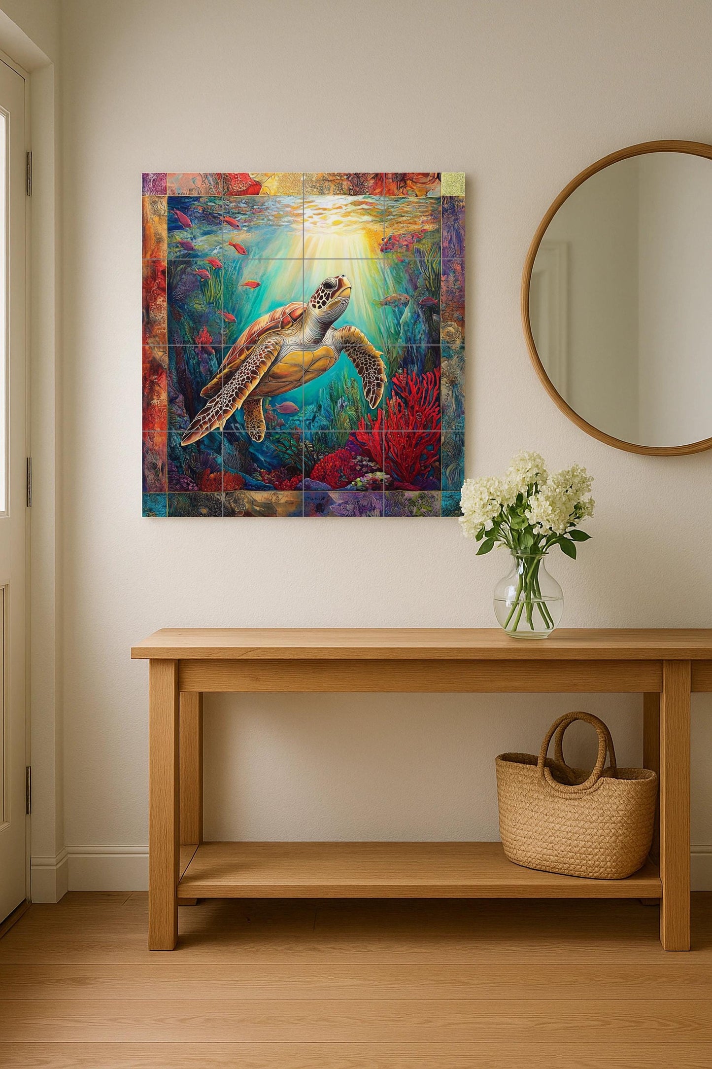 Ceramic tile mural with sea turtle design / Ocean coral reef decorative panel with colorful fish / Nautical decor