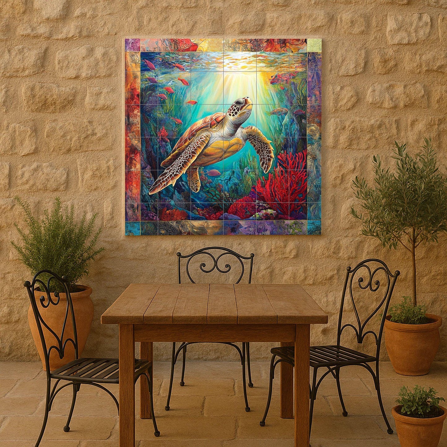 Ceramic tile mural with sea turtle design / Ocean coral reef decorative panel with colorful fish / Nautical decor