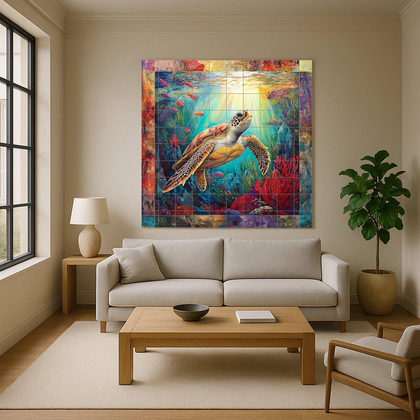 Ceramic tile mural with sea turtle design / Ocean coral reef decorative panel with colorful fish / Nautical decor