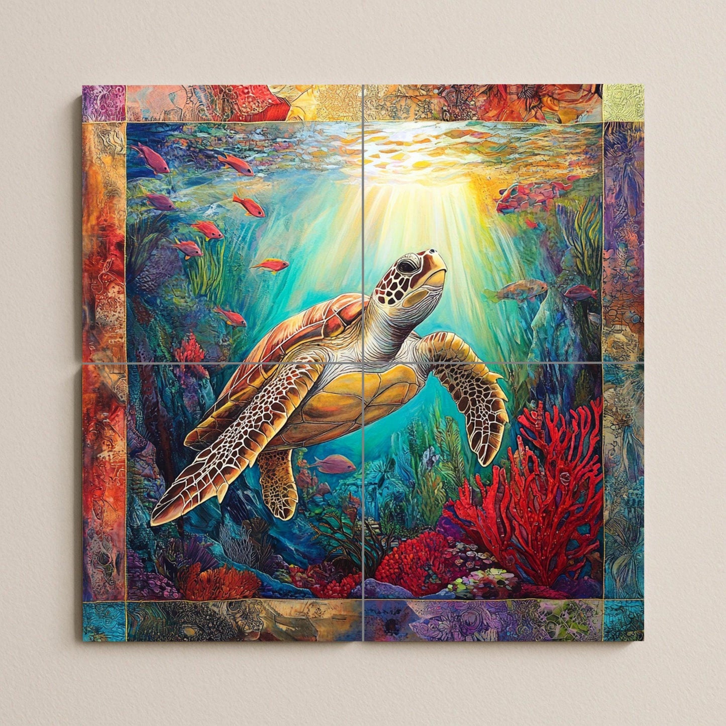 Ceramic tile mural with sea turtle design / Ocean coral reef decorative panel with colorful fish / Nautical decor