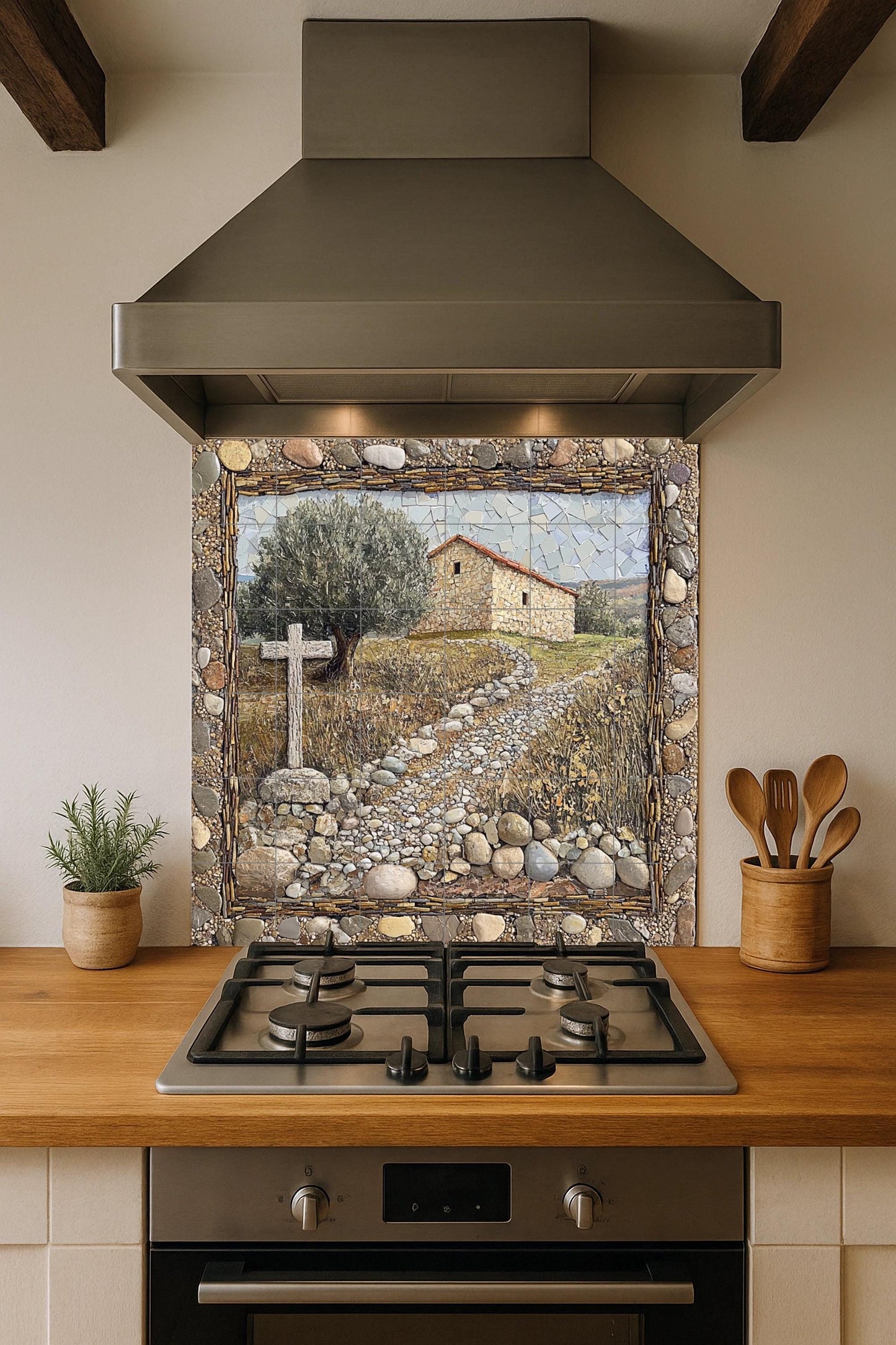 Rustic chapel ceramic tile mural, stone path with cross and farmhouse, religious decorative panel for living room.