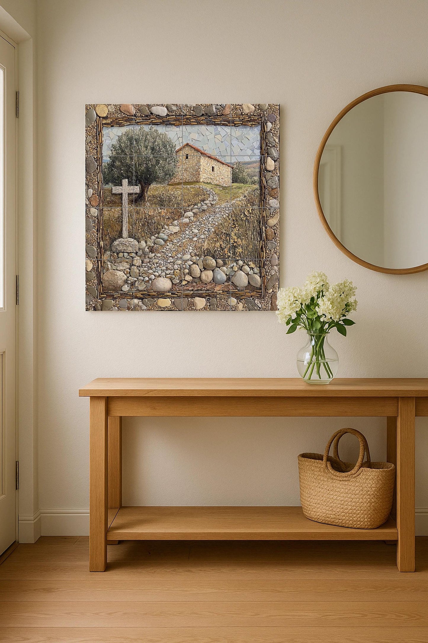 Rustic chapel ceramic tile mural, stone path with cross and farmhouse, religious decorative panel for living room.