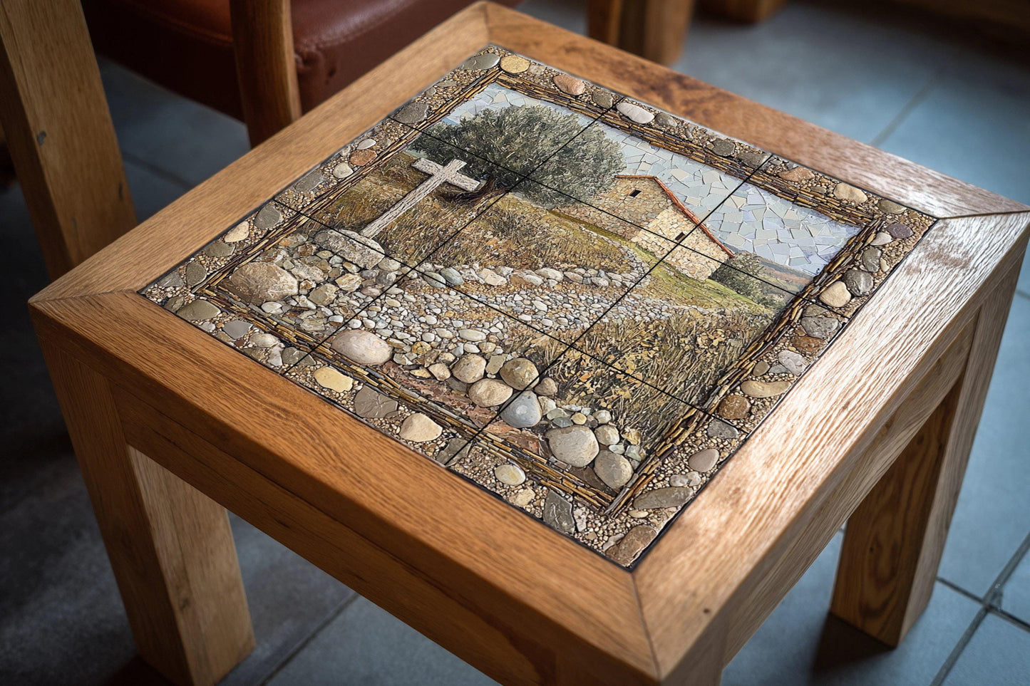 Rustic chapel ceramic tile mural, stone path with cross and farmhouse, religious decorative panel for living room.