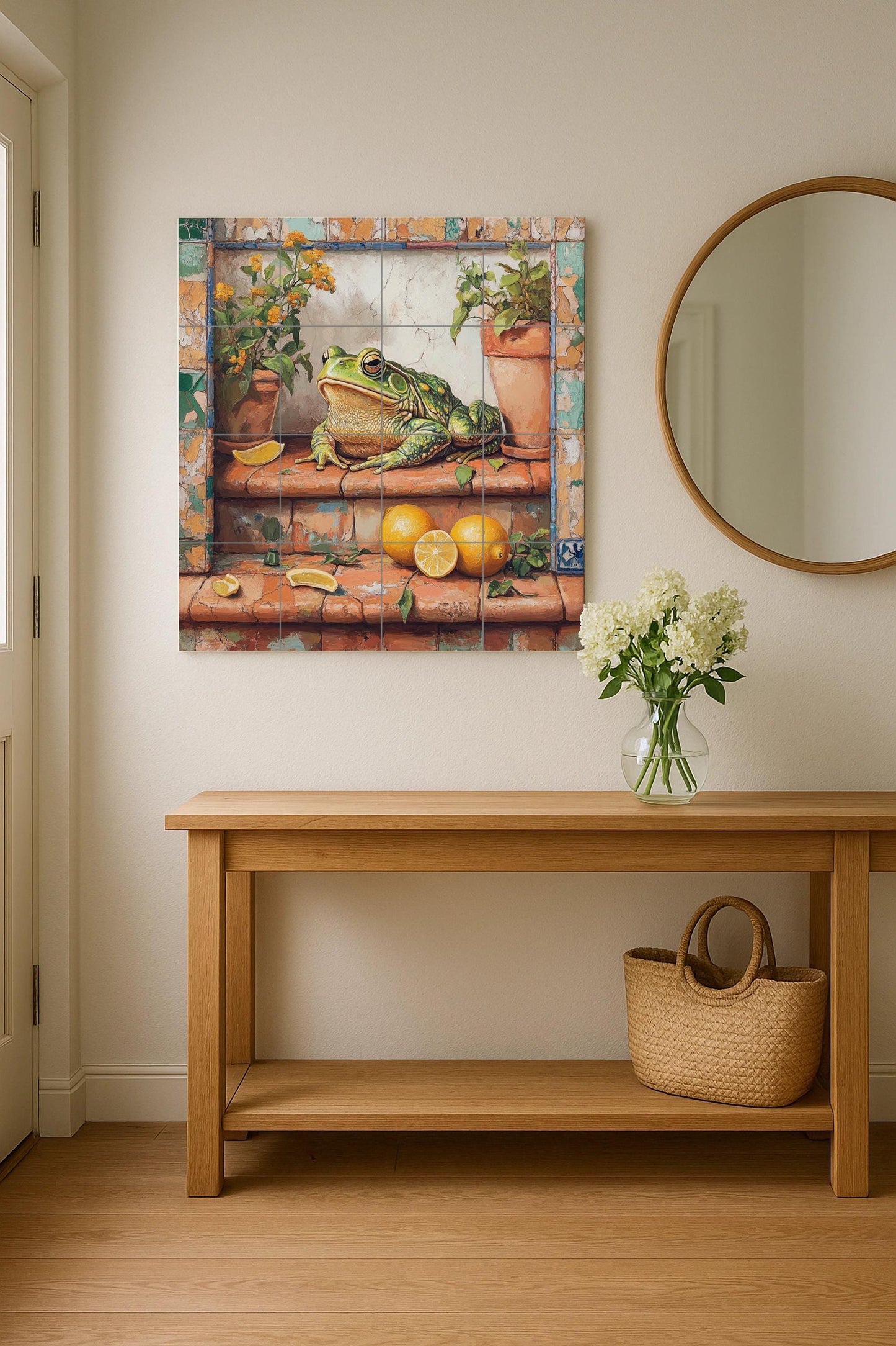 Ceramic tile mural with rustic frog design / Green frog with lemons and potted plants / Decorative panel for Mediterranean patio