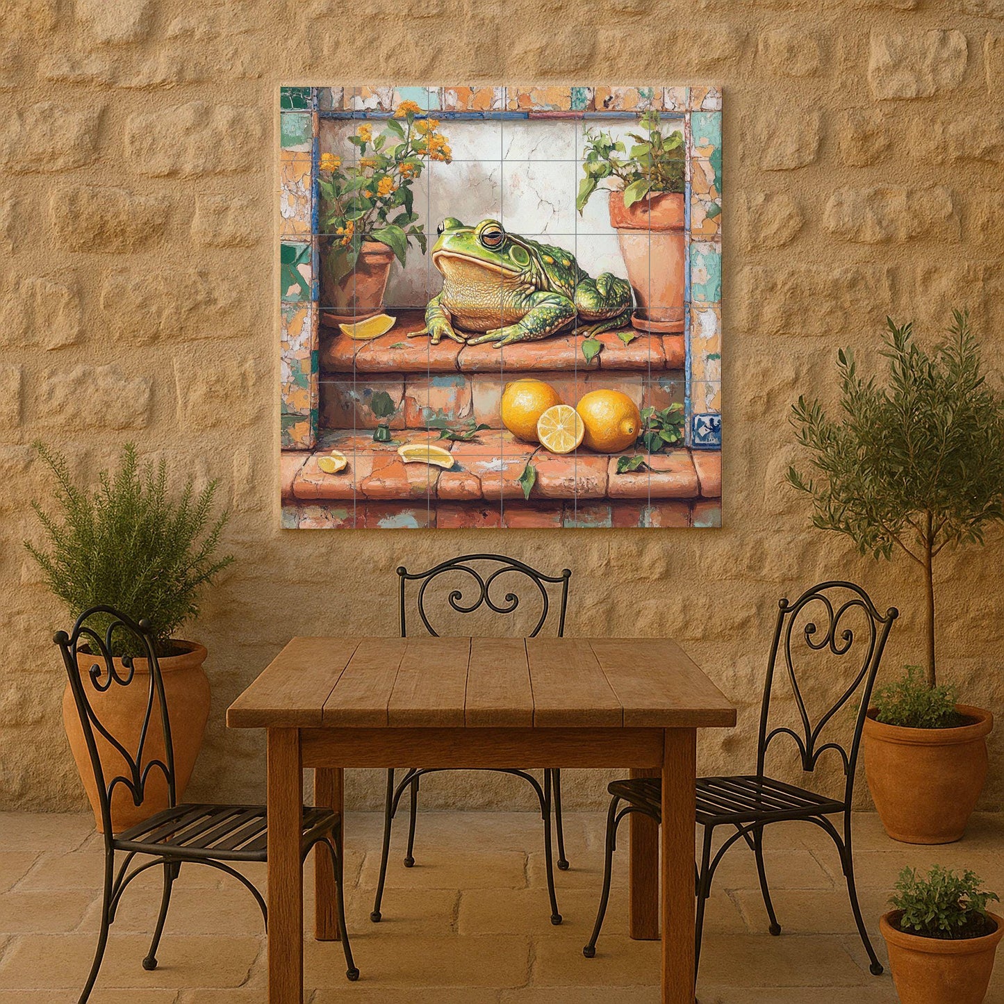 Ceramic tile mural with rustic frog design / Green frog with lemons and potted plants / Decorative panel for Mediterranean patio